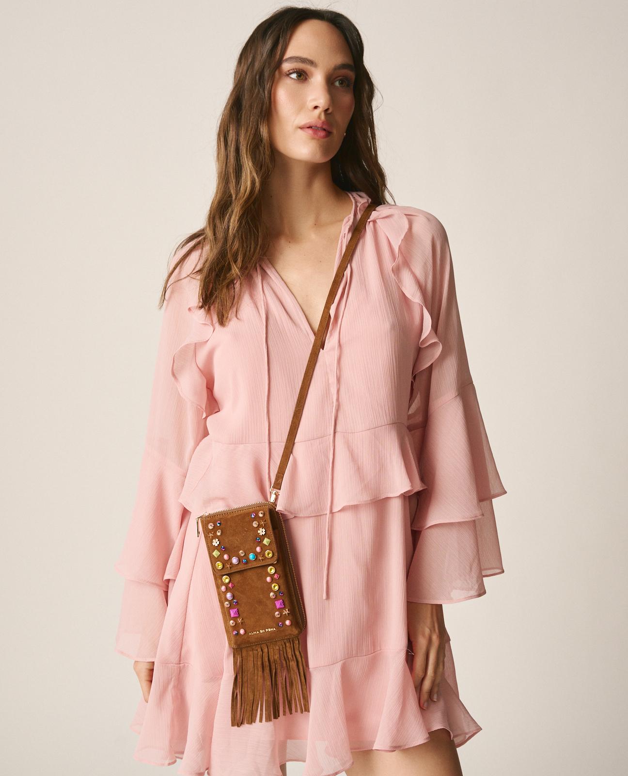 Bolso pequeño de mujer de piel con tachuelas y flecos - Alma en Pena - Marrón Marrón-1