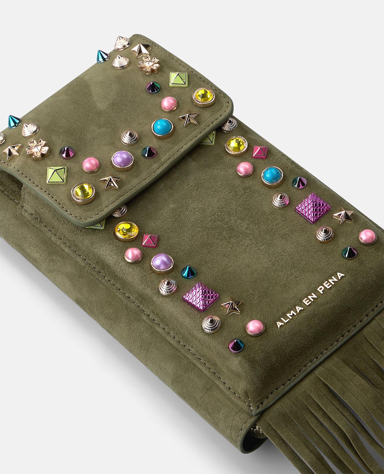 Bolso pequeño de mujer de piel con tachuelas y flecos - Alma en Pena - Kaki Kaki-5