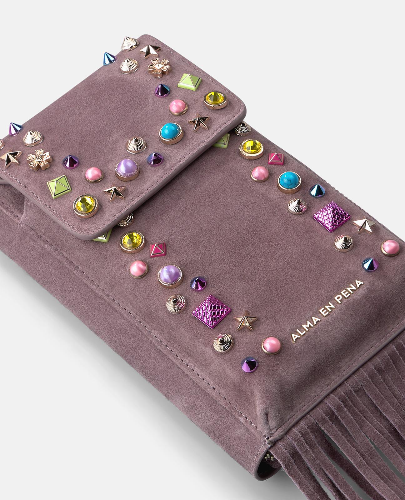 Bolso pequeño de mujer de piel con tachuelas y flecos - Alma en Pena - Lila Lila-5