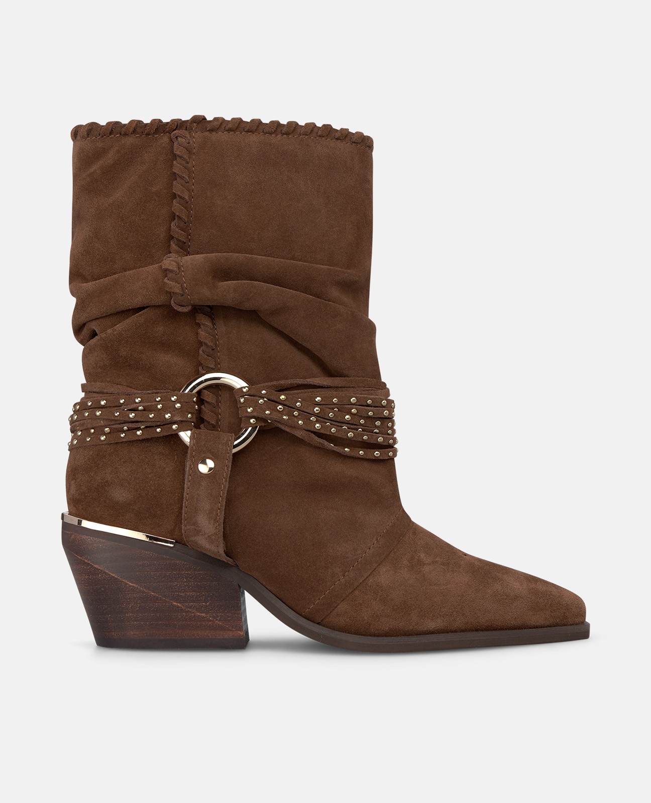 Botines básicos de mujer en ante con estribo y tachas metálicas - Camel Camel-1