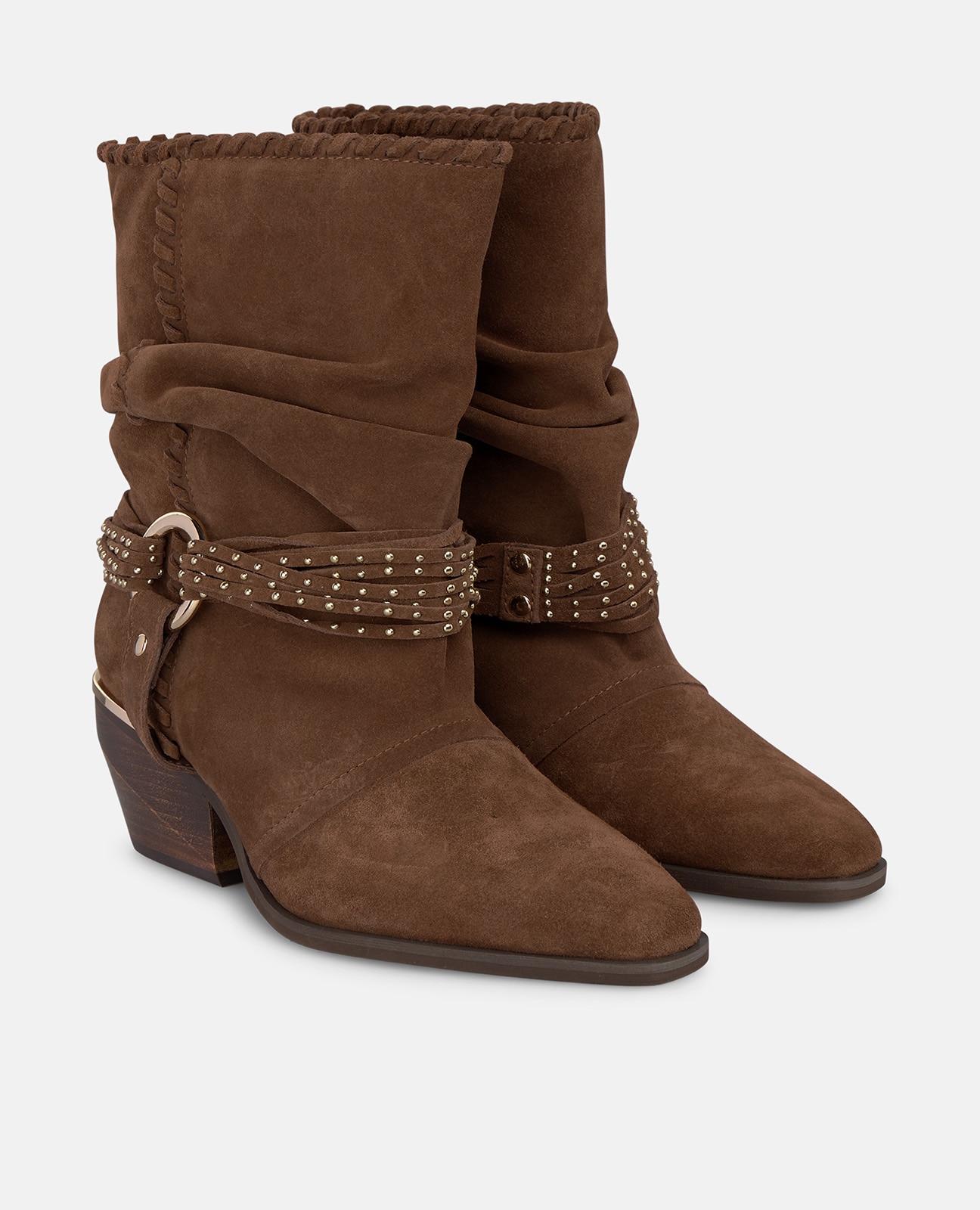 Botines básicos de mujer en ante con estribo y tachas metálicas - Camel Camel-4