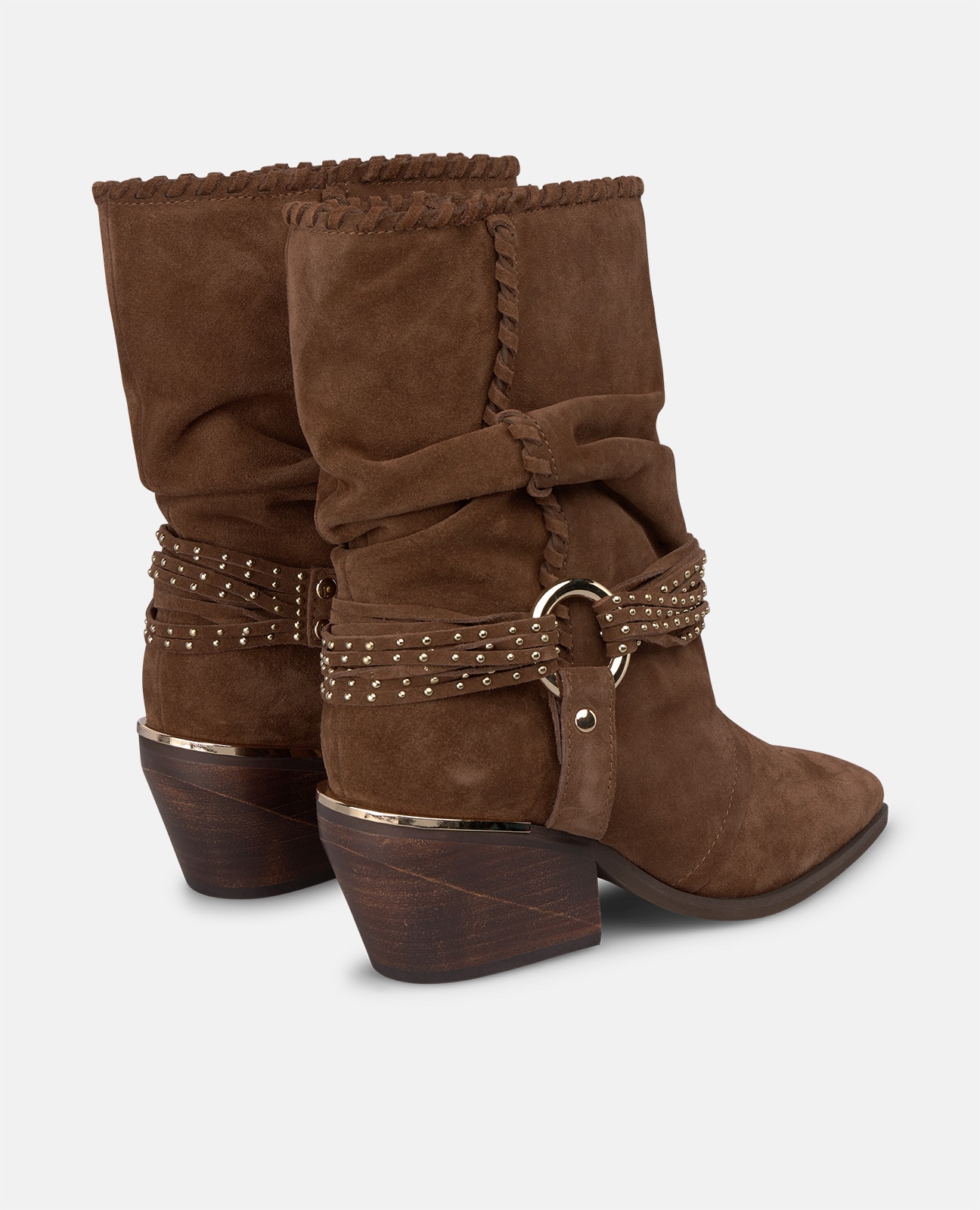 Botines básicos de mujer en ante con estribo y tachas metálicas - Camel Camel-3