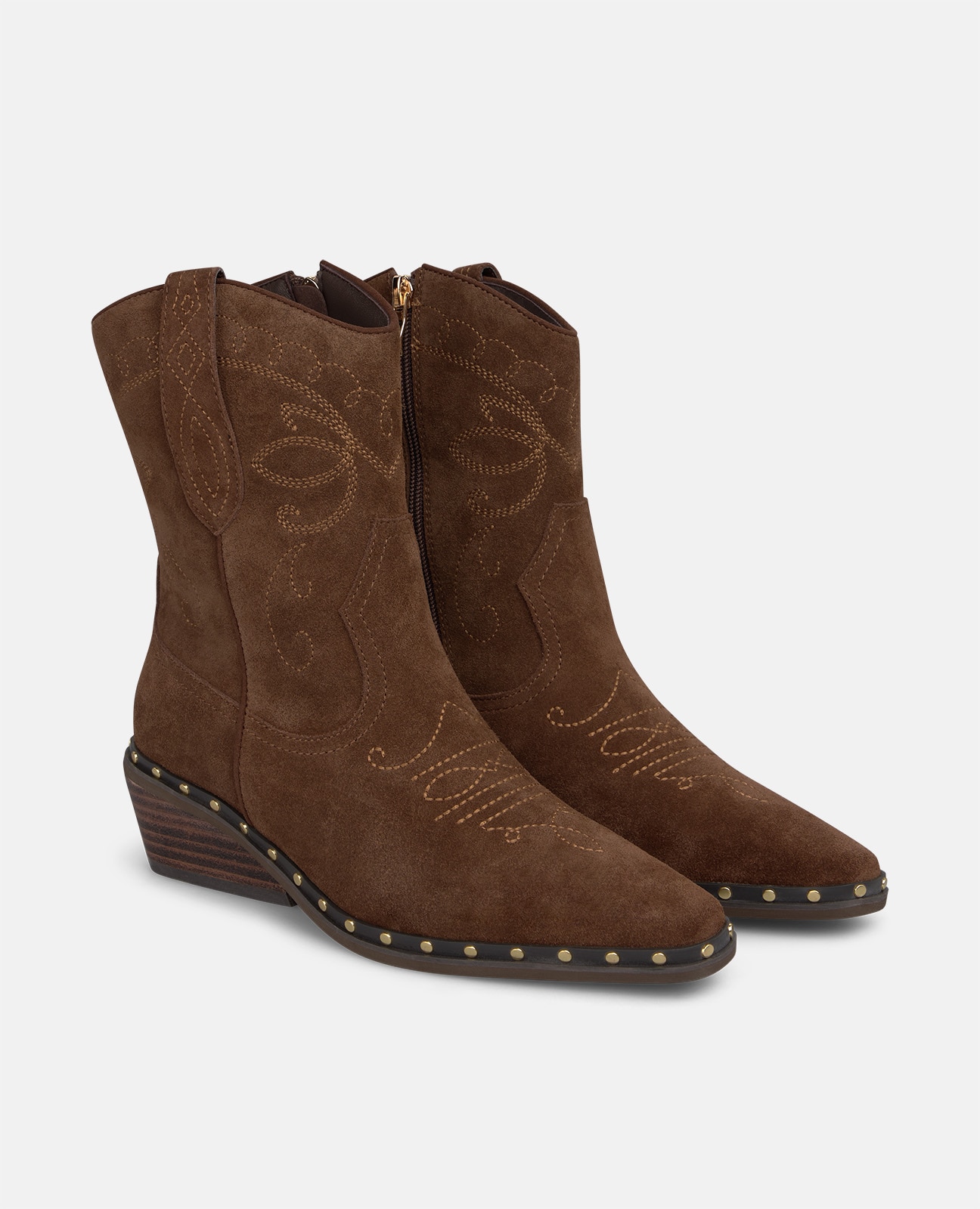 Botines cowboy de mujer en ante con tachas metálicas - Camel Camel-3