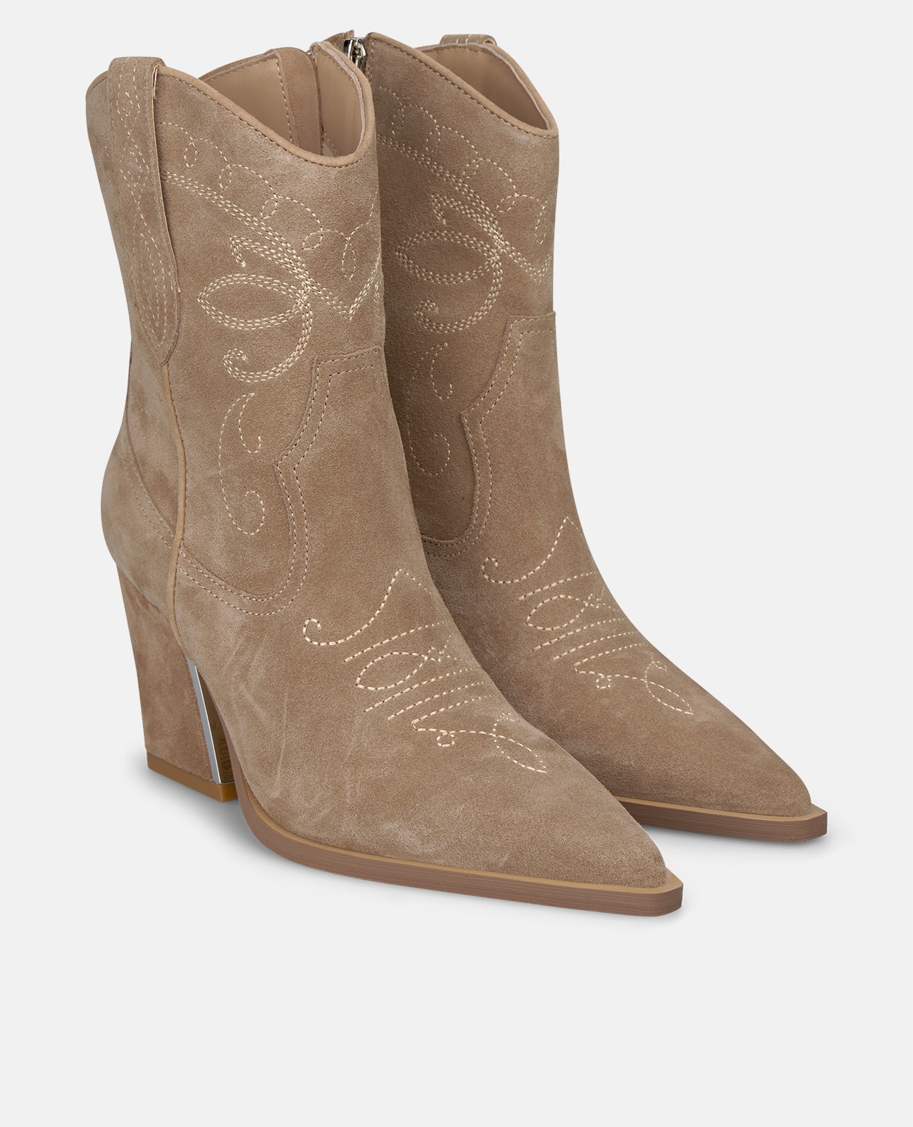 Botines cowboy de mujer en ante con detalles bordados - Alma en Pena - Visón Visón-3