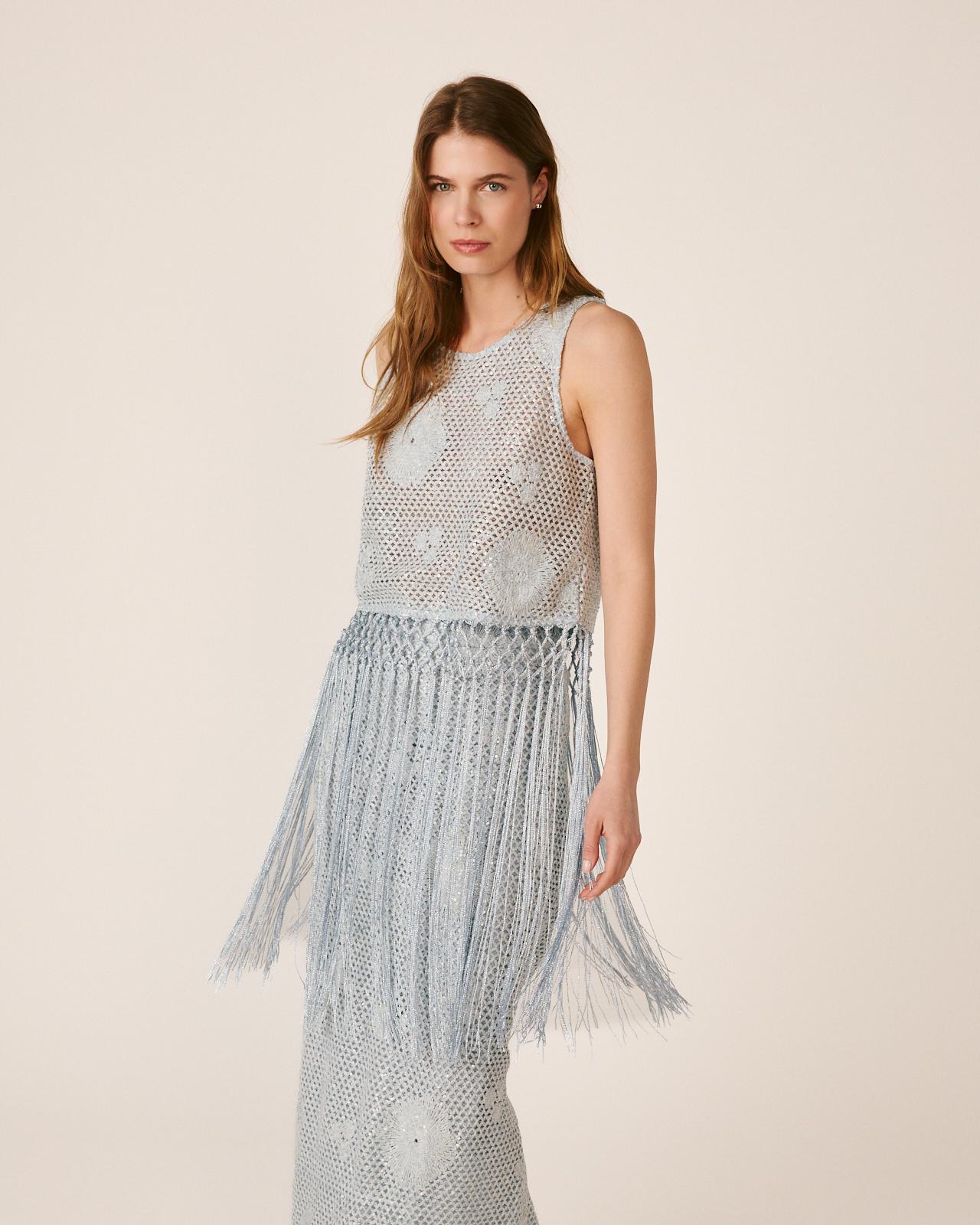 Alma en Pena - Top de mujer con flecos tejido tipo crochet con lentejuelas.