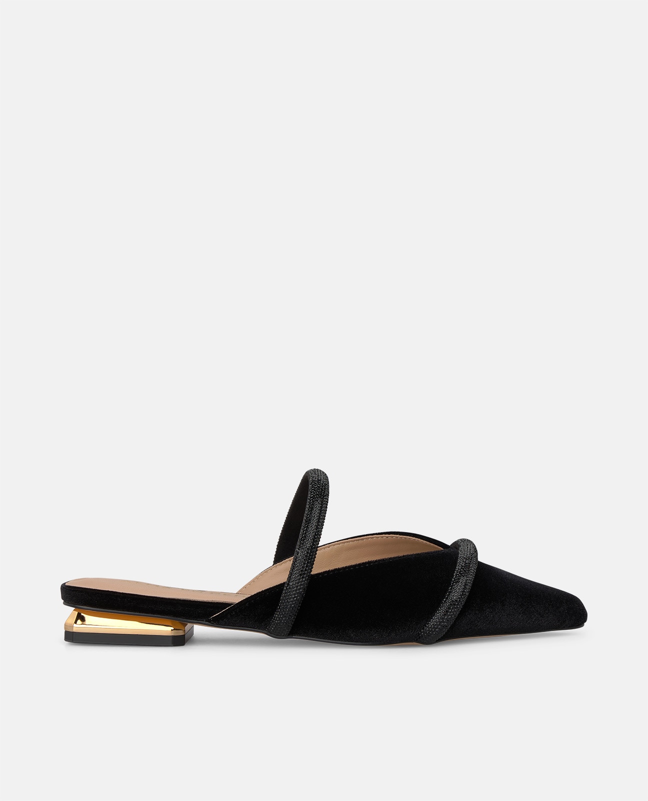 Mule plano de mujer en terciopelo con tiras tubulares - Alma en Pena - Negro Negro-1