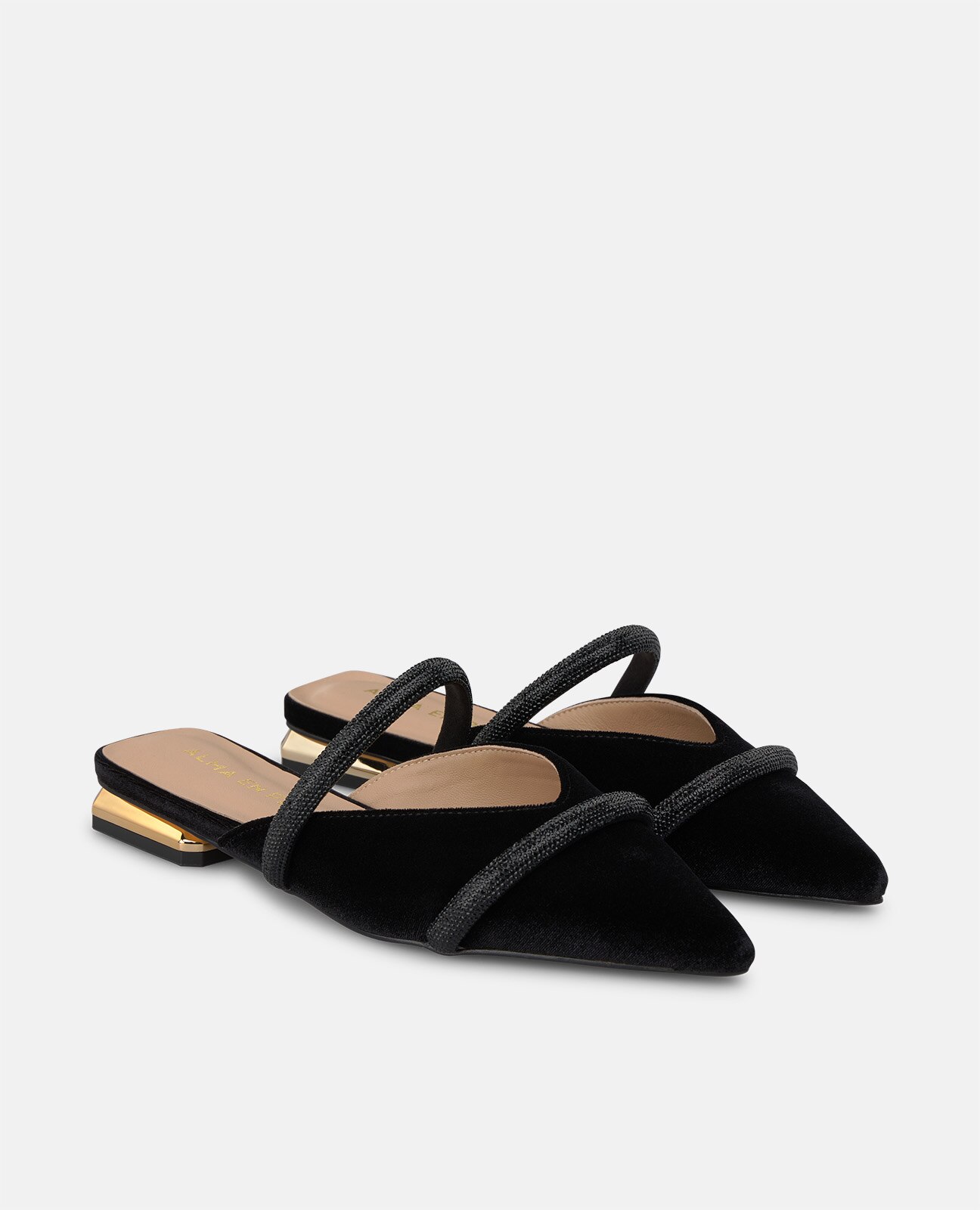 Mule plano de mujer en terciopelo con tiras tubulares - Alma en Pena - Negro Negro-3