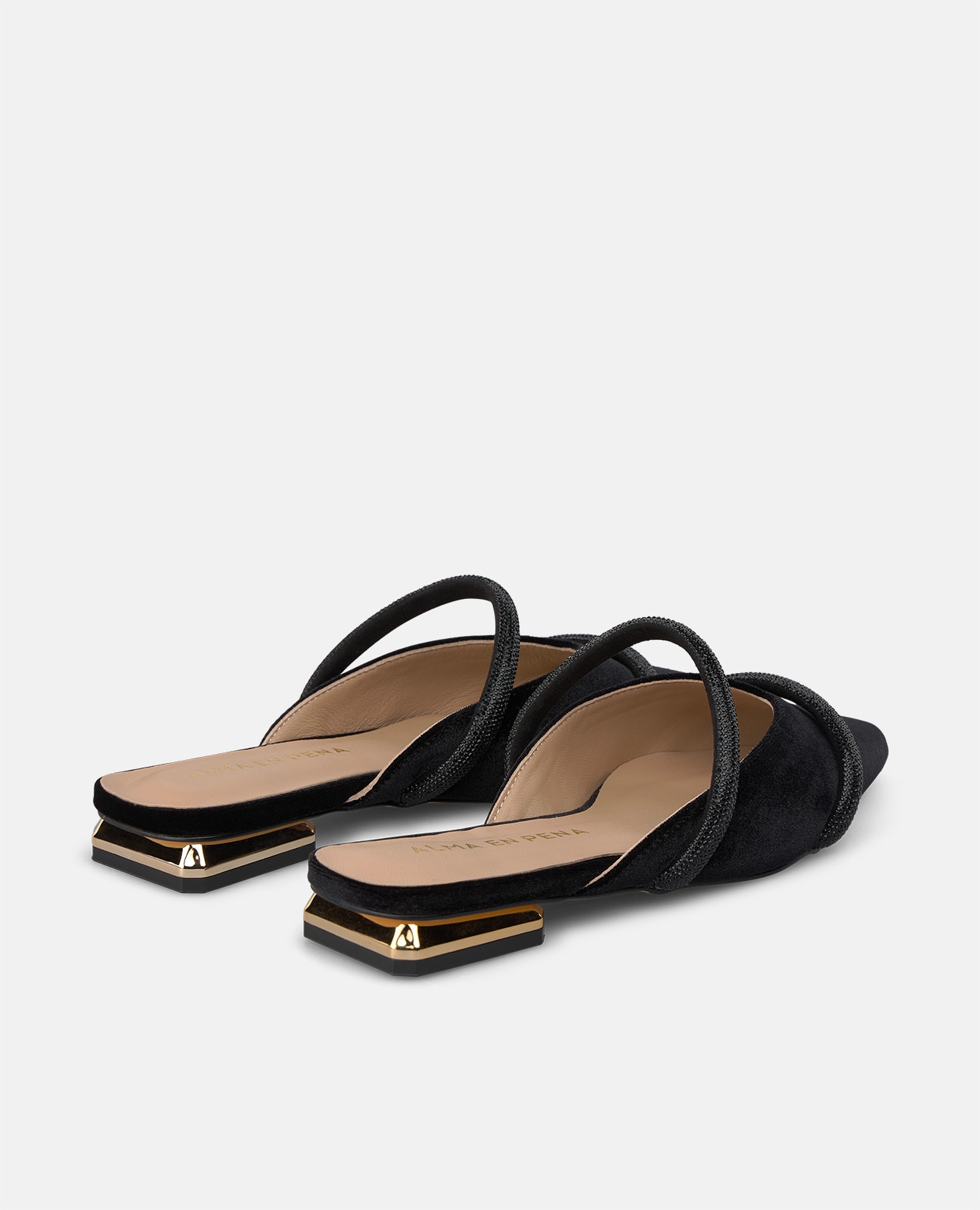 Mule plano de mujer en terciopelo con tiras tubulares - Alma en Pena - Negro Negro-2