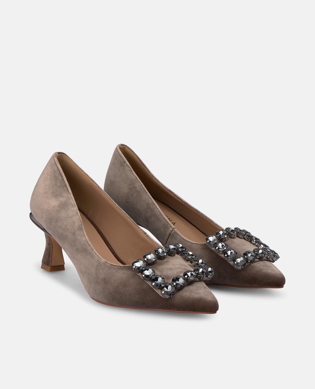 Zapatos de salón de mujer en terciopelo con adorno frontal - Alma en Pena - Visón Visón-3