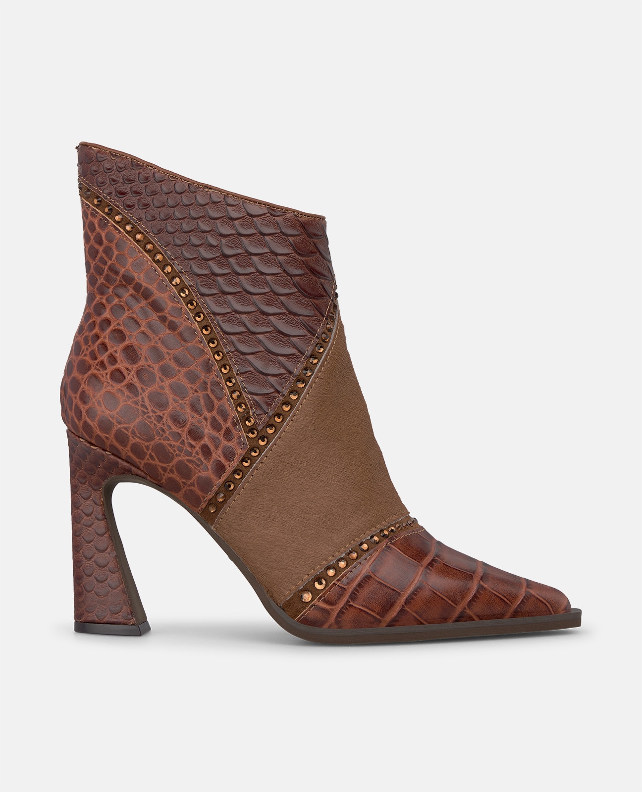 Botines básicos de mujer en piel con efecto cocodrilo - Camel Camel-1