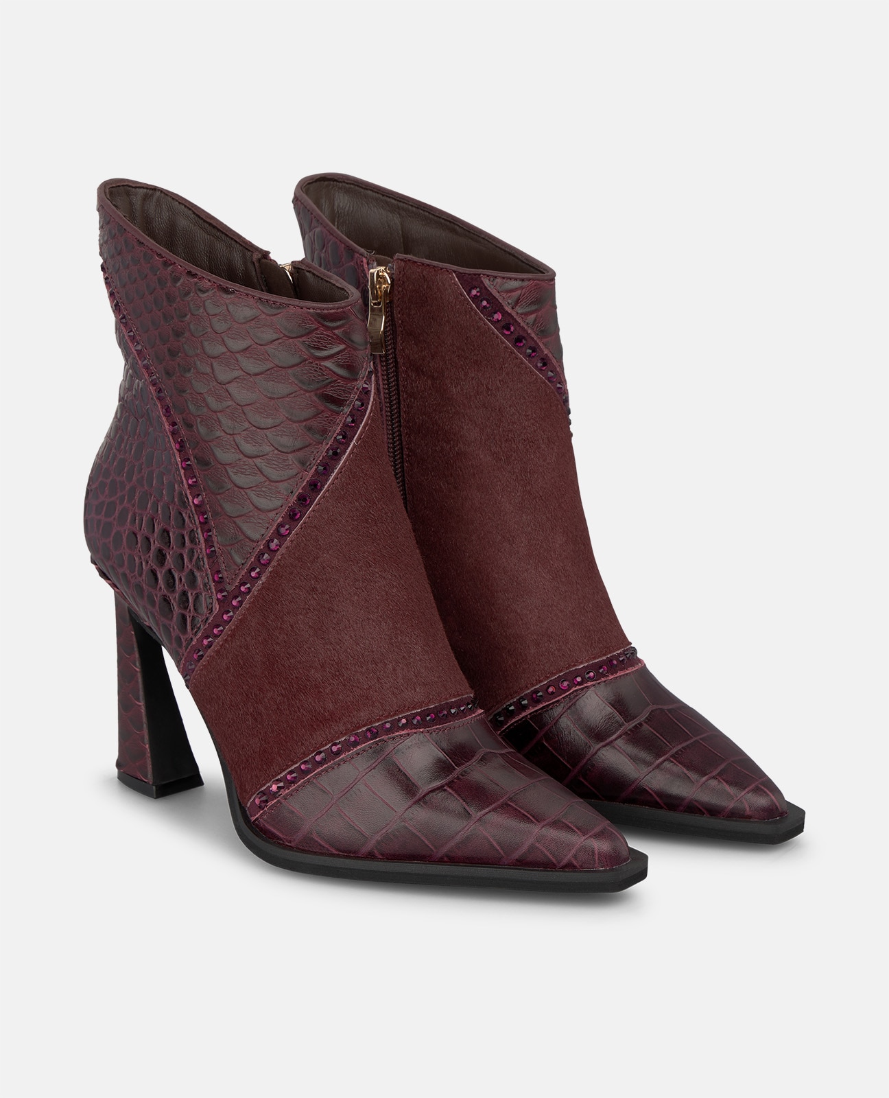 Botines básicos de mujer en piel con efecto cocodrilo - Burdeos Burdeos-3