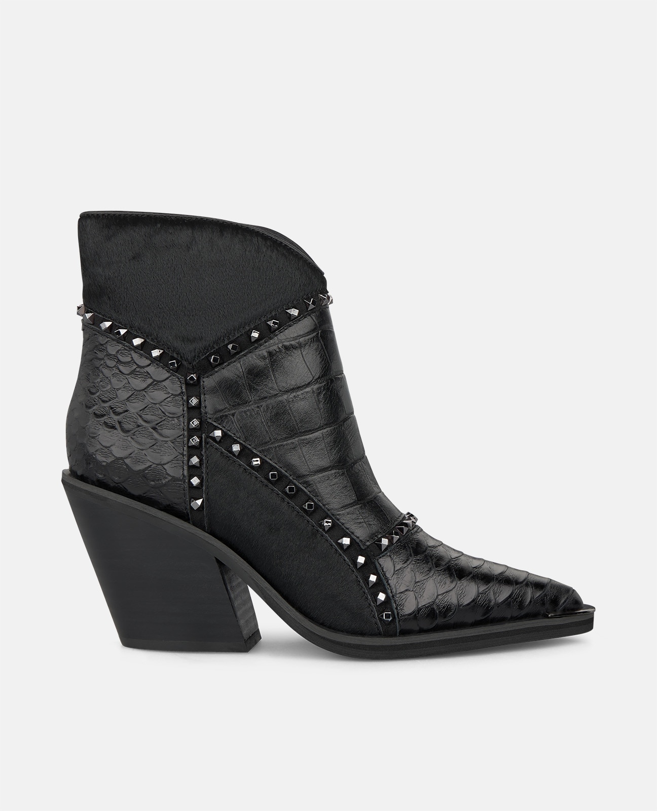 Botines cowboy de mujer en piel con texturas combinadas animal print - Negro Negro-1
