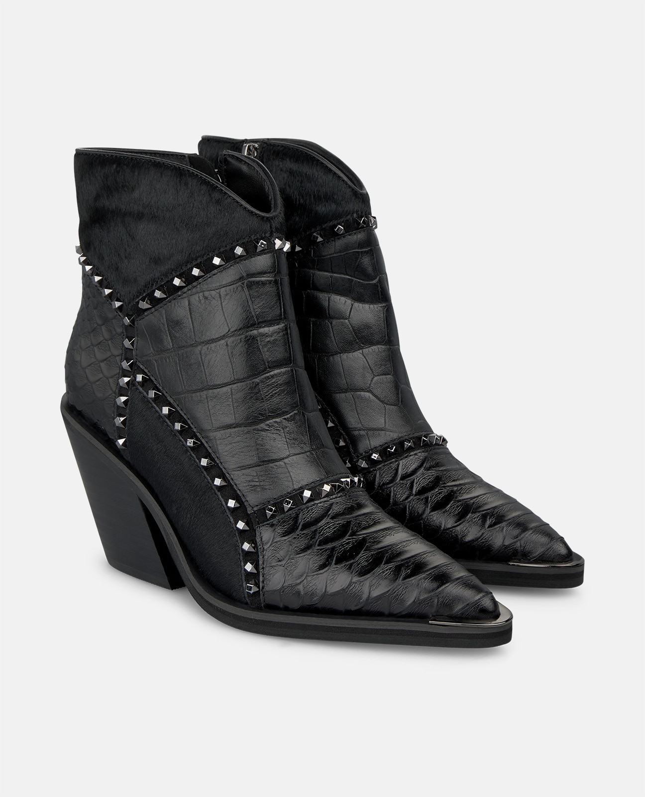 Botines cowboy de mujer en piel con texturas combinadas animal print - Negro Negro-3