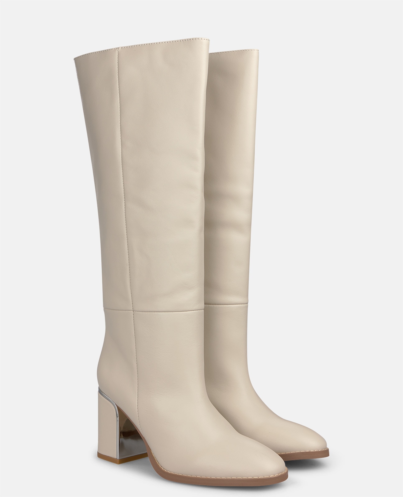 Botas básicas de mujer en napa con tacón ancho - Crema Crema-2