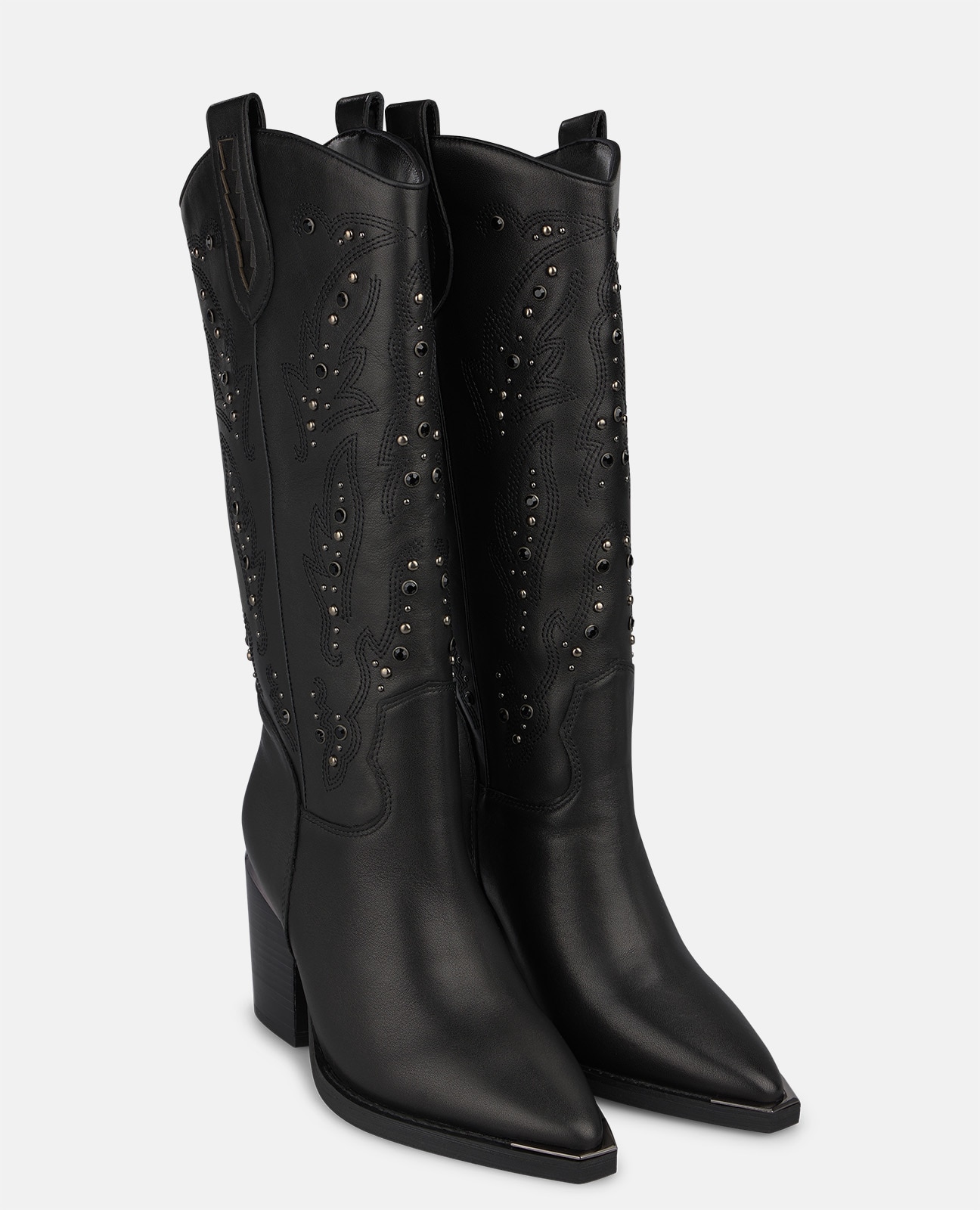 Botas cowboy de mujer en napa con detalles bordados y pedrería - Alma en Pena - Negro Negro-2