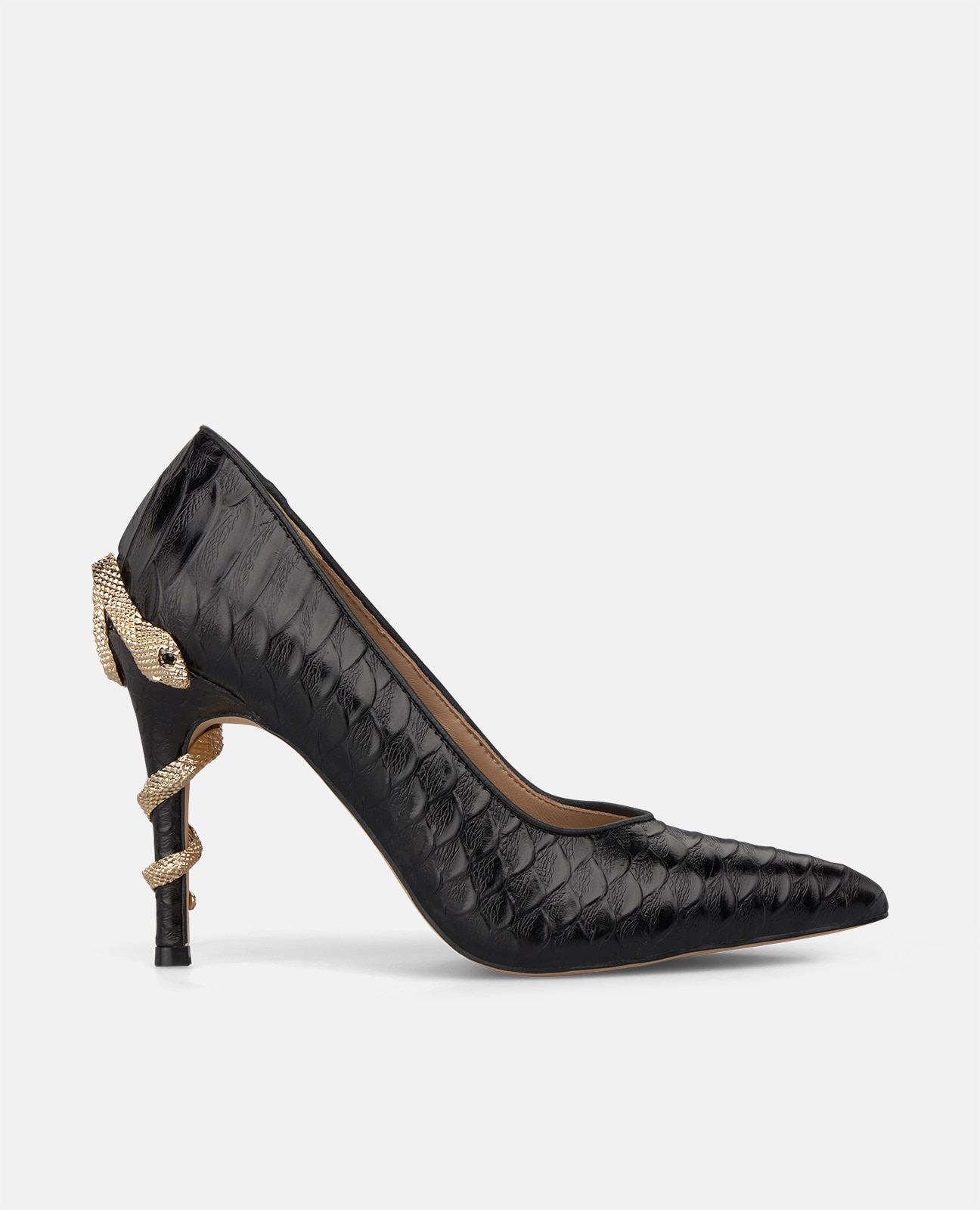 Zapato de salón de mujer en piel con serpiente en el tacón - Alma en Pena - Negro Negro-1