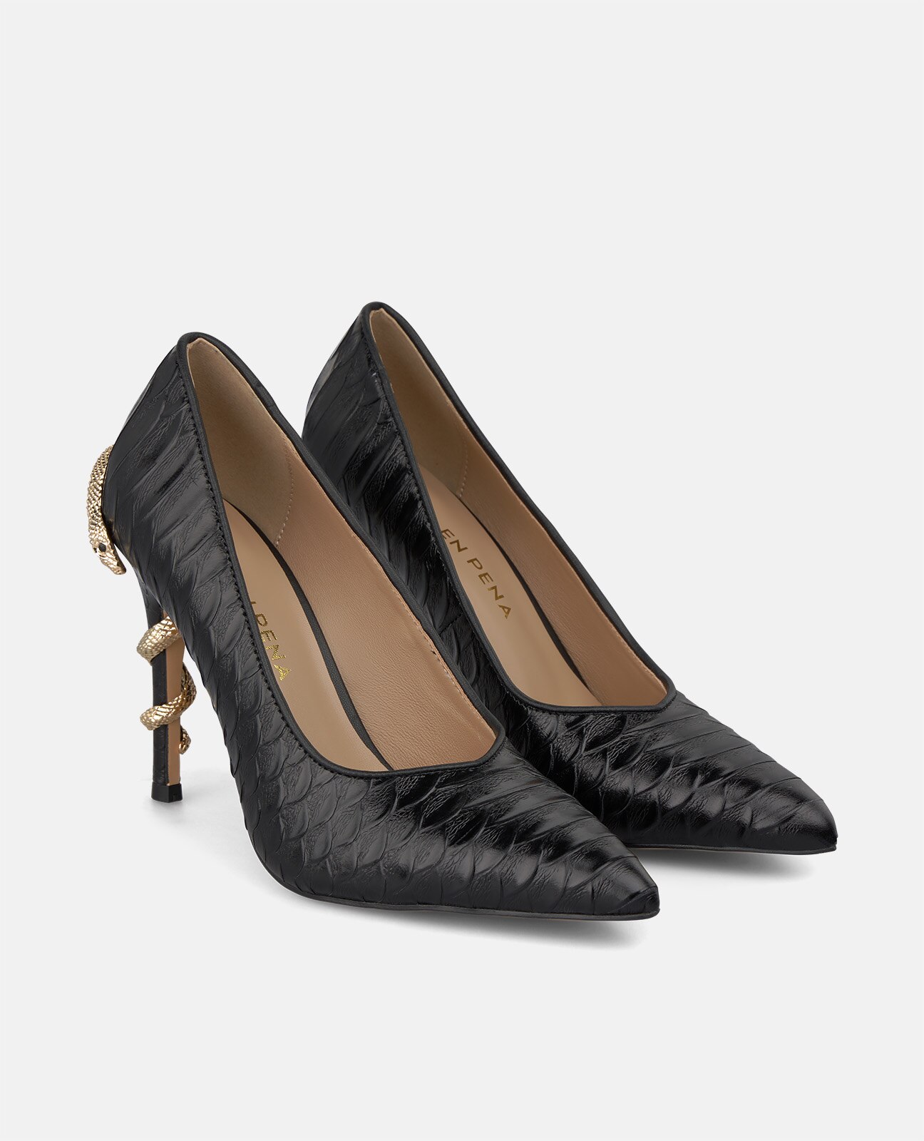 Zapato de salón de mujer en piel con serpiente en el tacón - Alma en Pena - Negro Negro-3