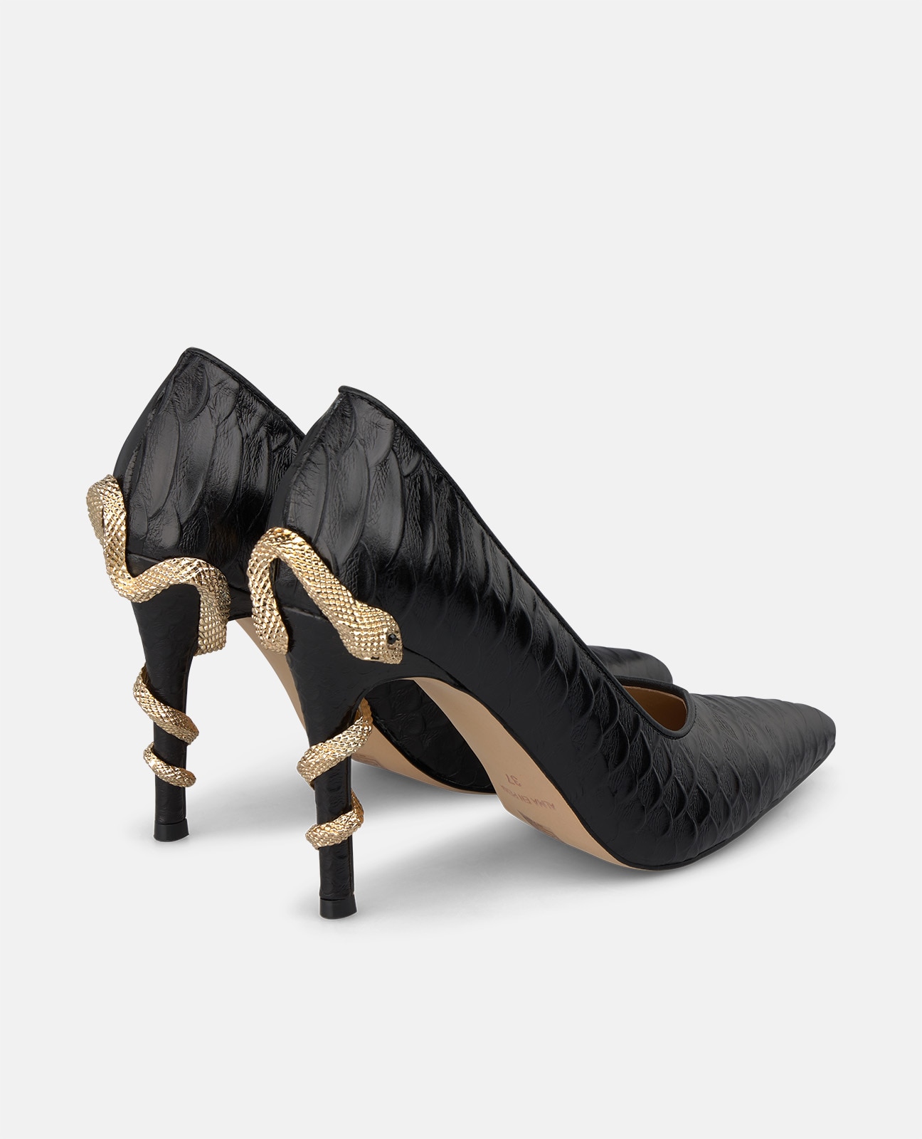 Zapato de salón de mujer en piel con serpiente en el tacón - Alma en Pena - Negro Negro-2