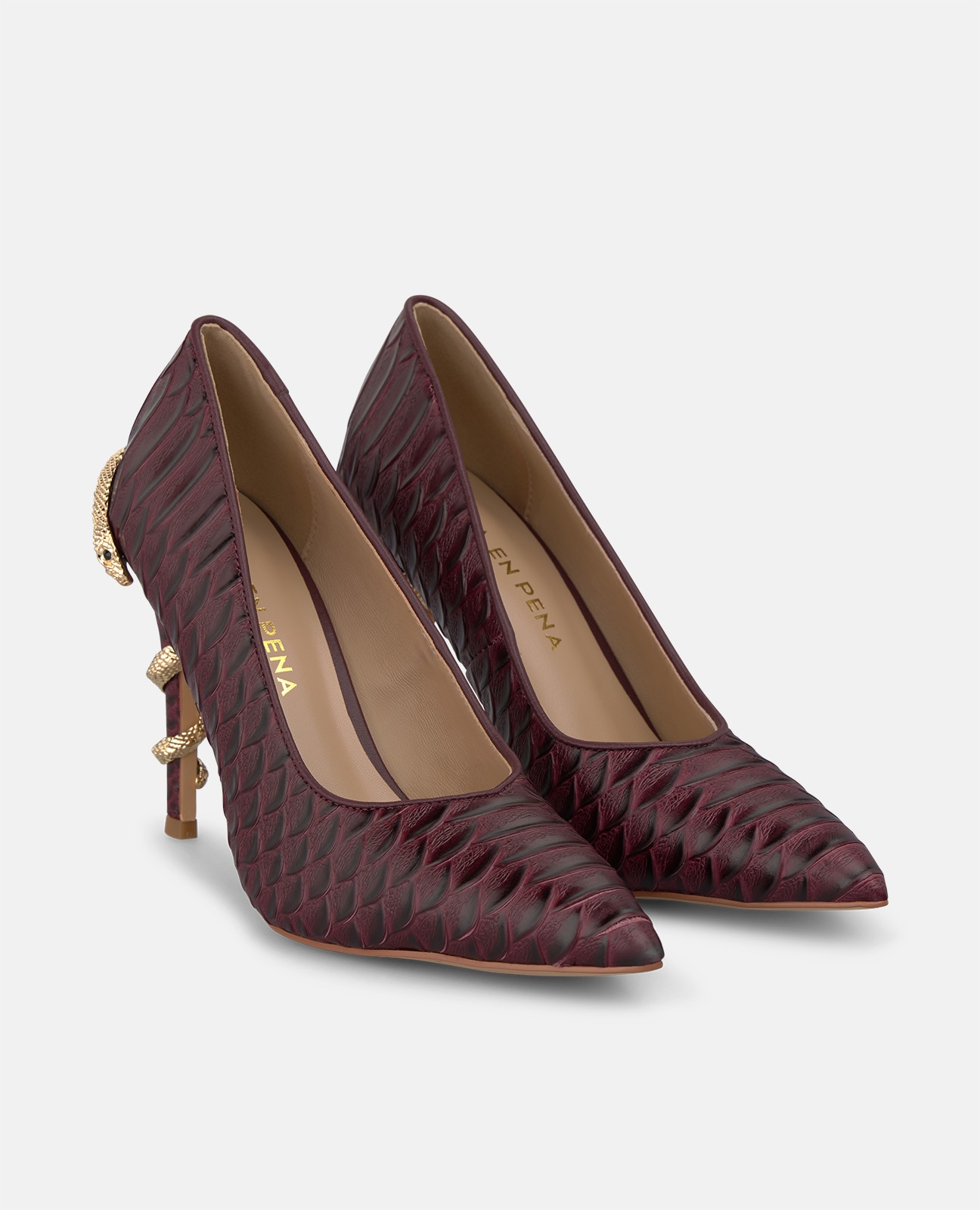 Zapato de salón de mujer en piel con serpiente en el tacón - Alma en Pena - Burdeos Burdeos-3