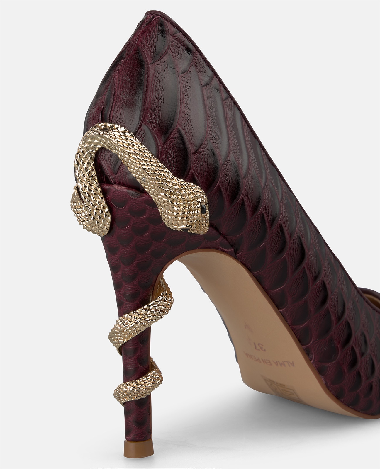Zapato de salón de mujer en piel con serpiente en el tacón - Alma en Pena - Burdeos Burdeos-4