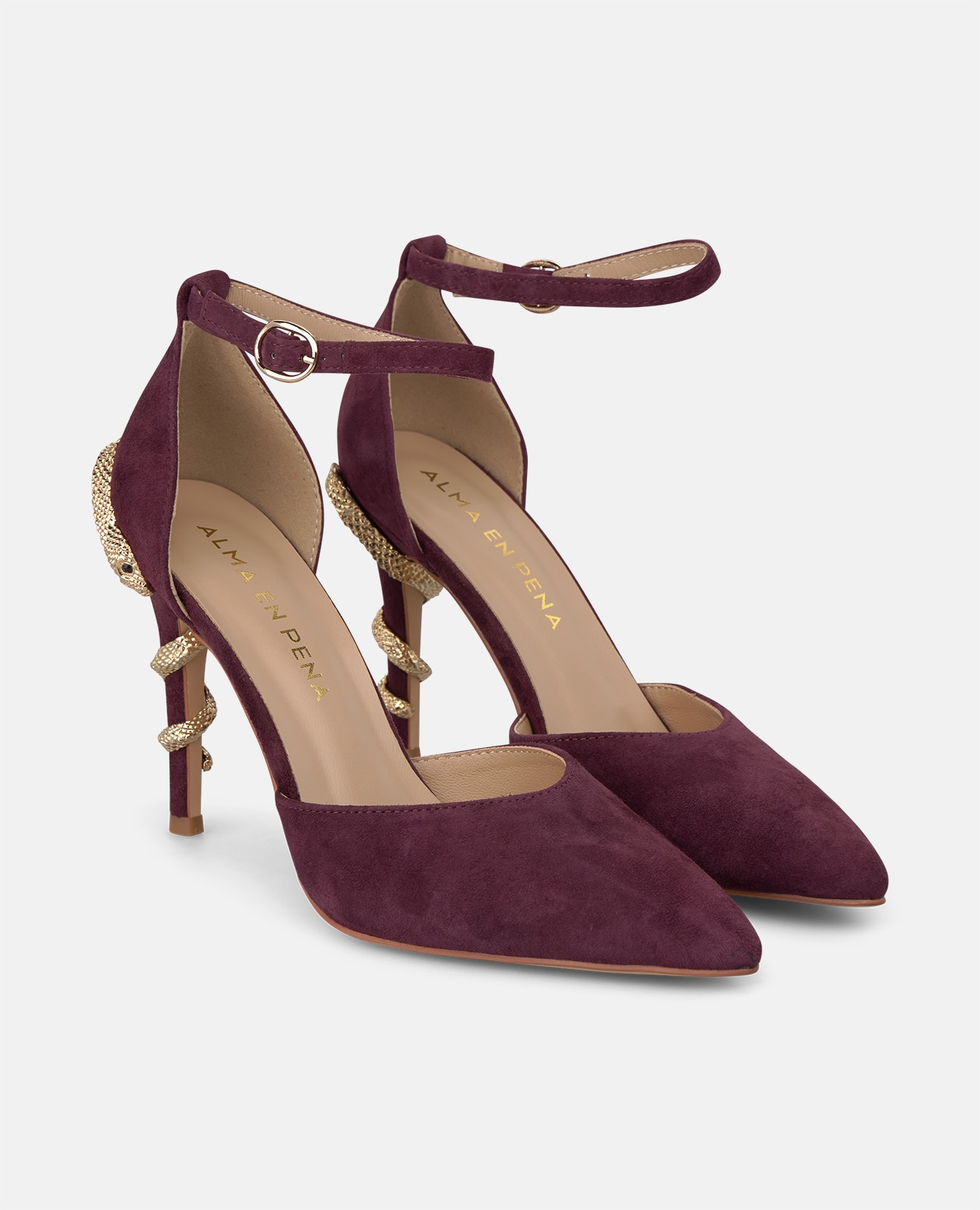 Zapato de salón de mujer en ante con serpiente en el tacón - Alma en Pena - Burdeos Burdeos-3