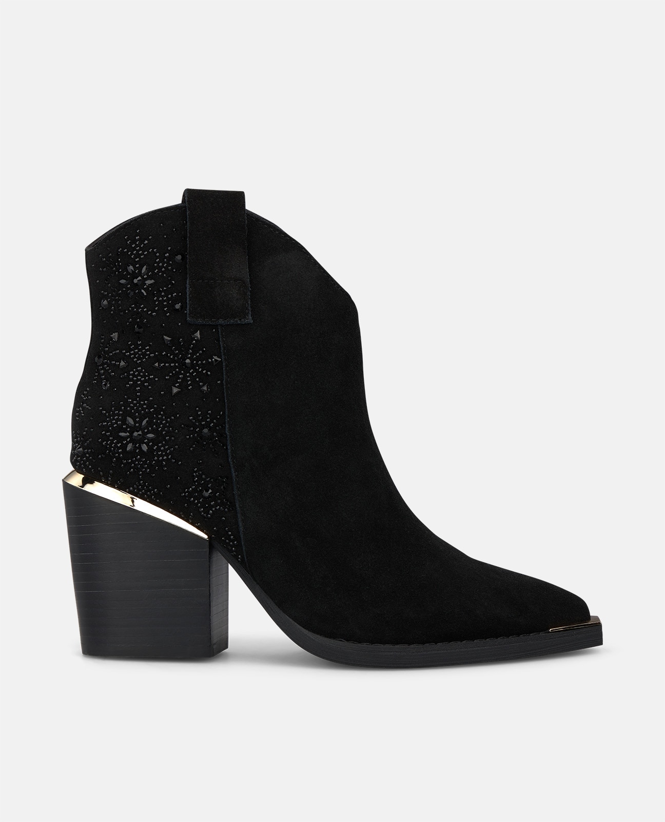Botines básicos de mujer en ante con pedrería floral - Alma en Pena - Negro Negro-1