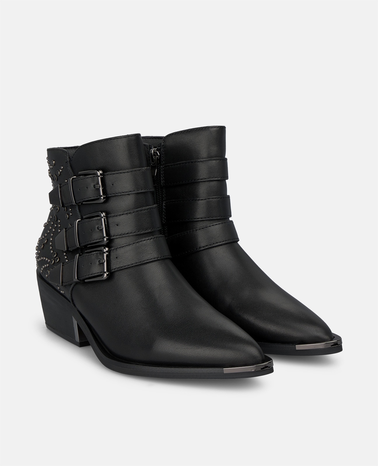 Botines básicos de mujer en napa con tres correas de hebilla - Negro Negro-3