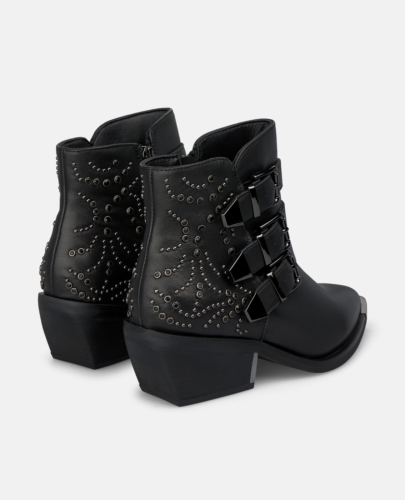Botines básicos de mujer en napa con tres correas de hebilla - Negro Negro-2