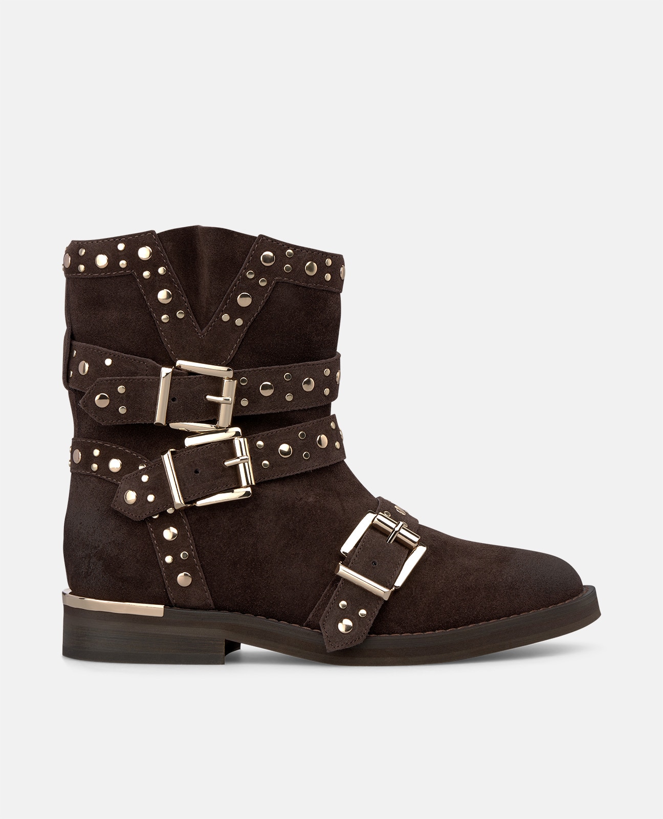 Botines básicos de mujer en ante con tachas metálicas y correas con hebilla - Marrón Marrón-1