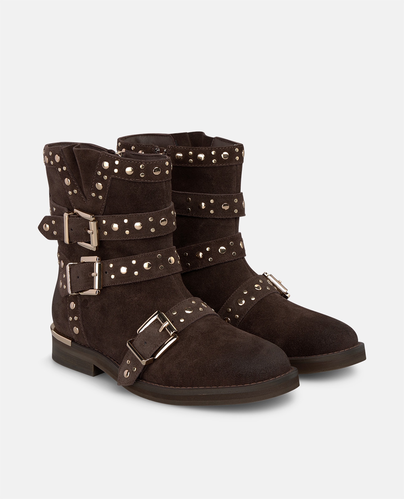 Botines básicos de mujer en ante con tachas metálicas y correas con hebilla - Marrón Marrón-3