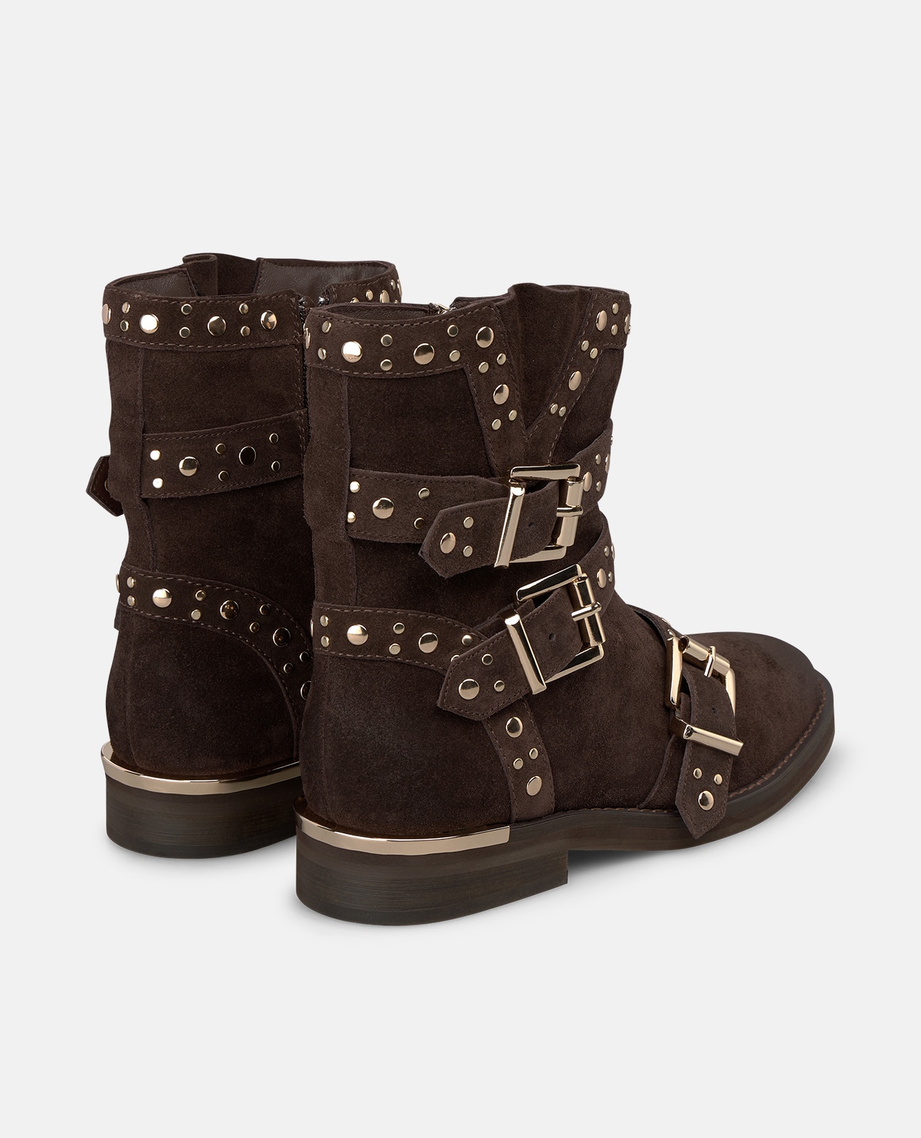 Botines básicos de mujer en ante con tachas metálicas y correas con hebilla - Marrón Marrón-2