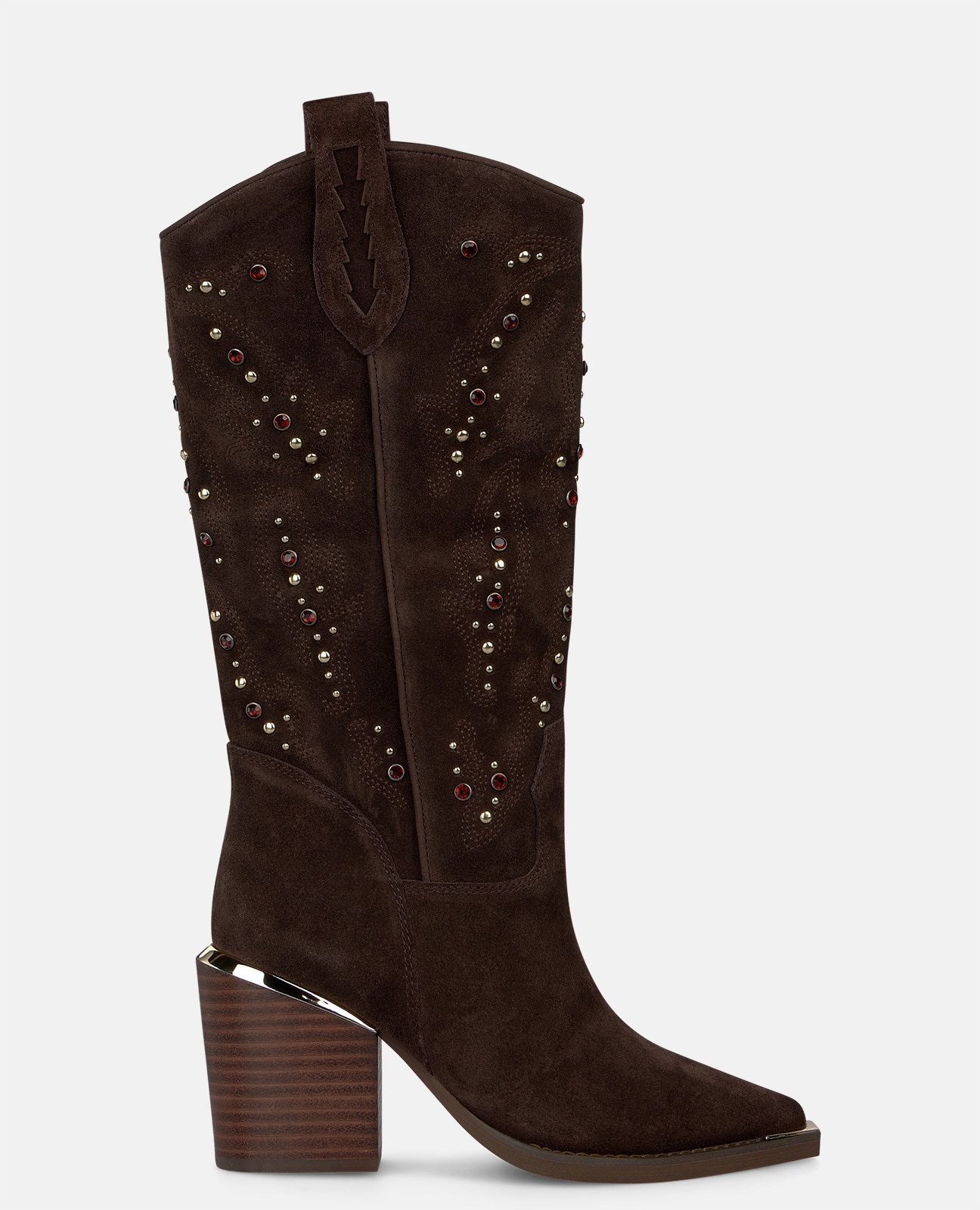 Botas cowboy de mujer en ante con detalles bordados y pedrería - Marrón Marrón-1