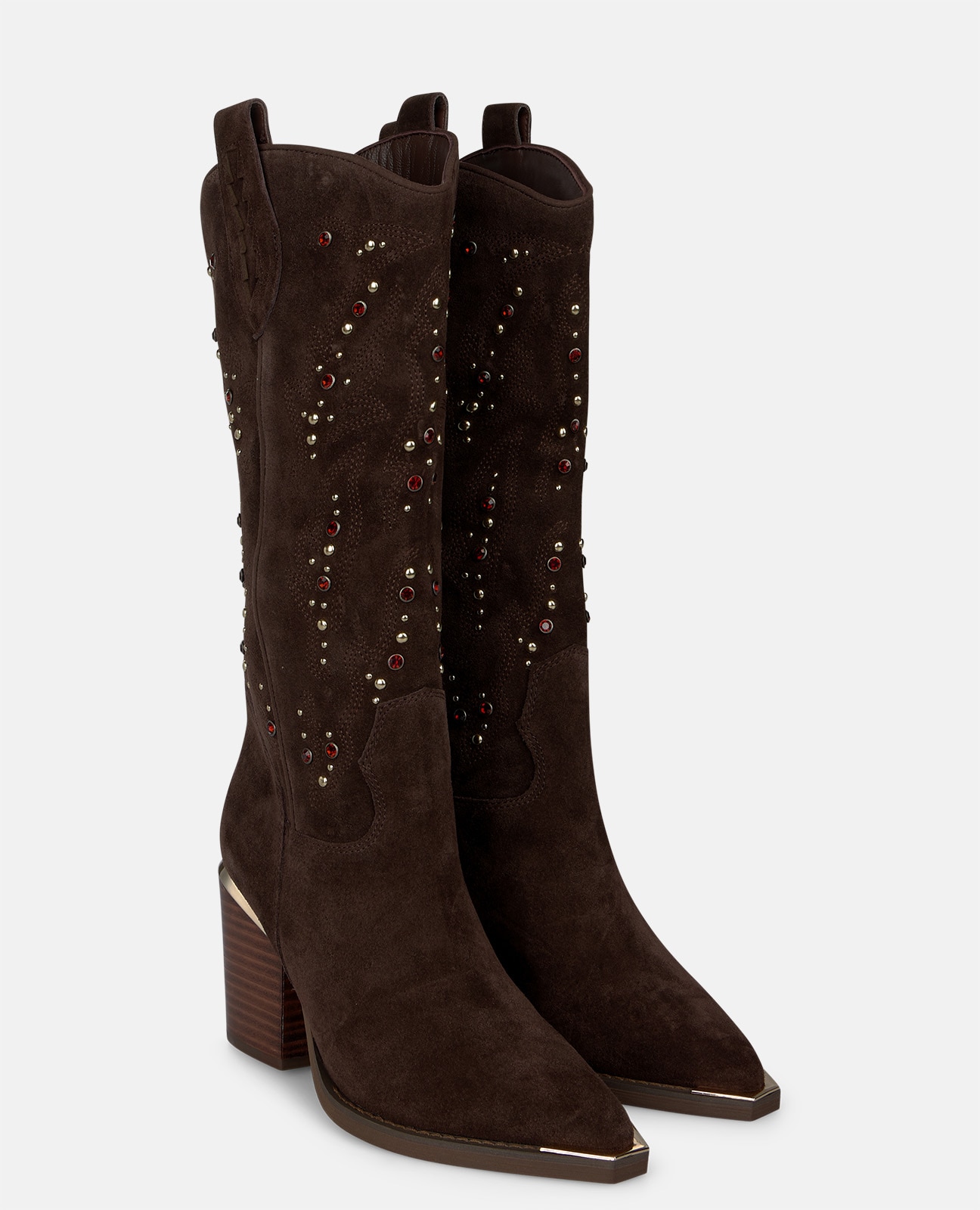 Botas cowboy de mujer en ante con detalles bordados y pedrería - Marrón Marrón-3