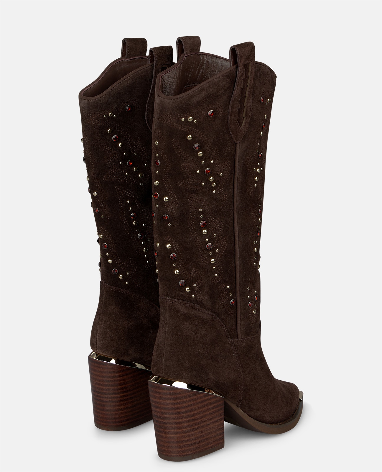 Botas cowboy de mujer en ante con detalles bordados y pedrería - Marrón Marrón-2