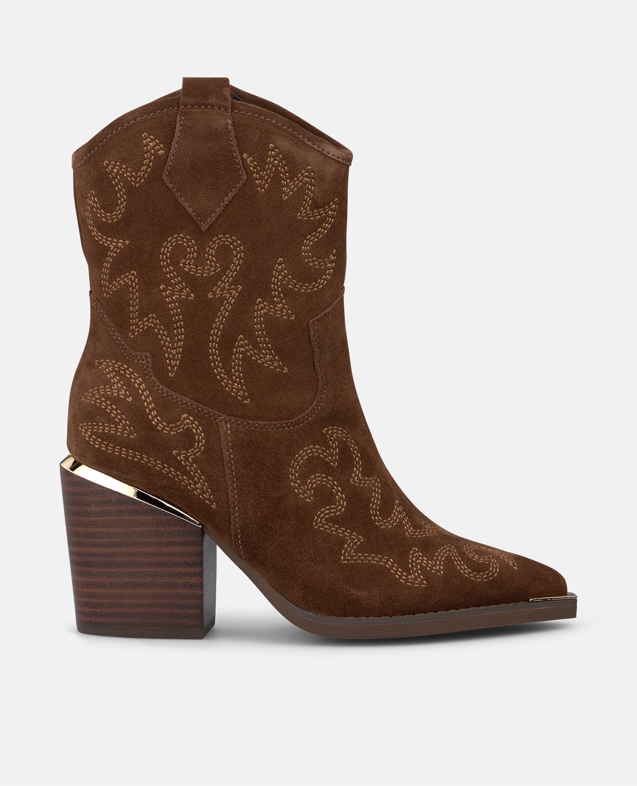 Botines cowboy de mujer en ante con cremallera lateral y detalles bordados - Alma en Pena - Camel Camel-1