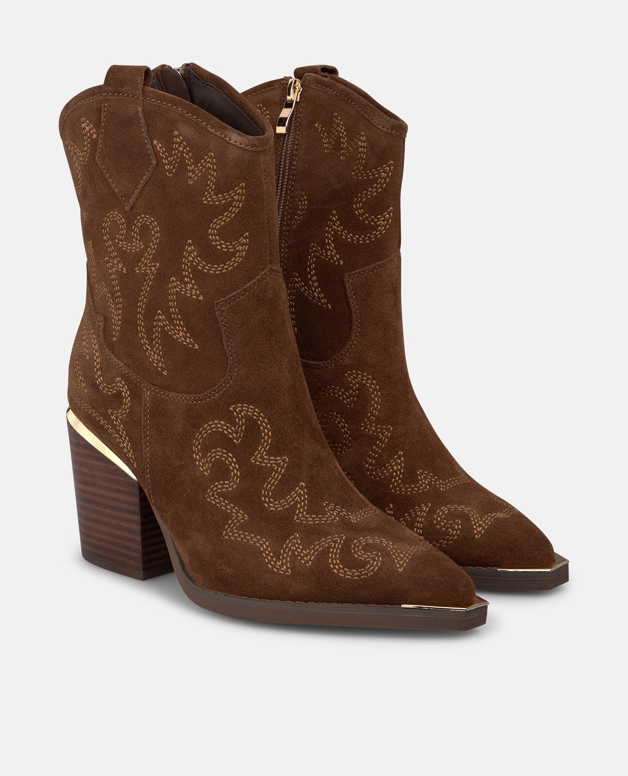 Botines cowboy de mujer en ante con cremallera lateral y detalles bordados - Alma en Pena - Camel Camel-3