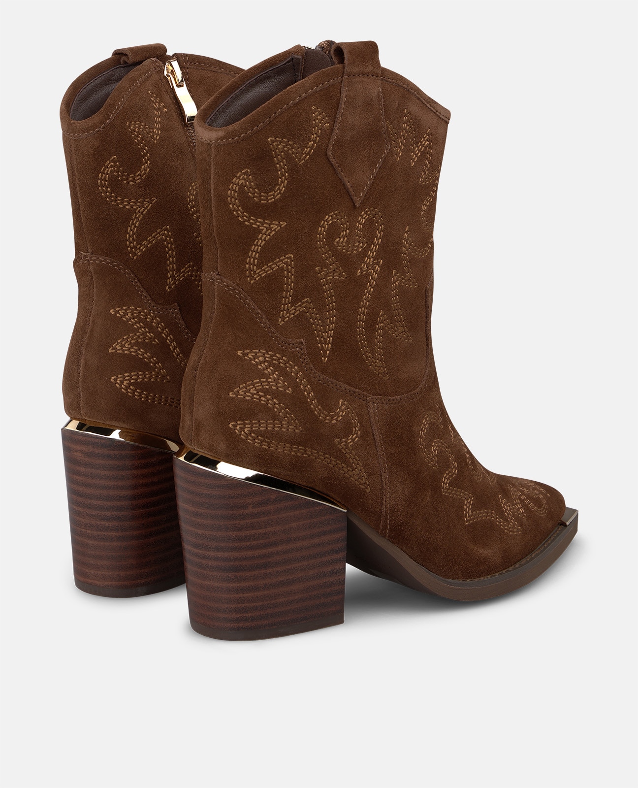 Botines cowboy de mujer en ante con cremallera lateral y detalles bordados - Alma en Pena - Camel Camel-2