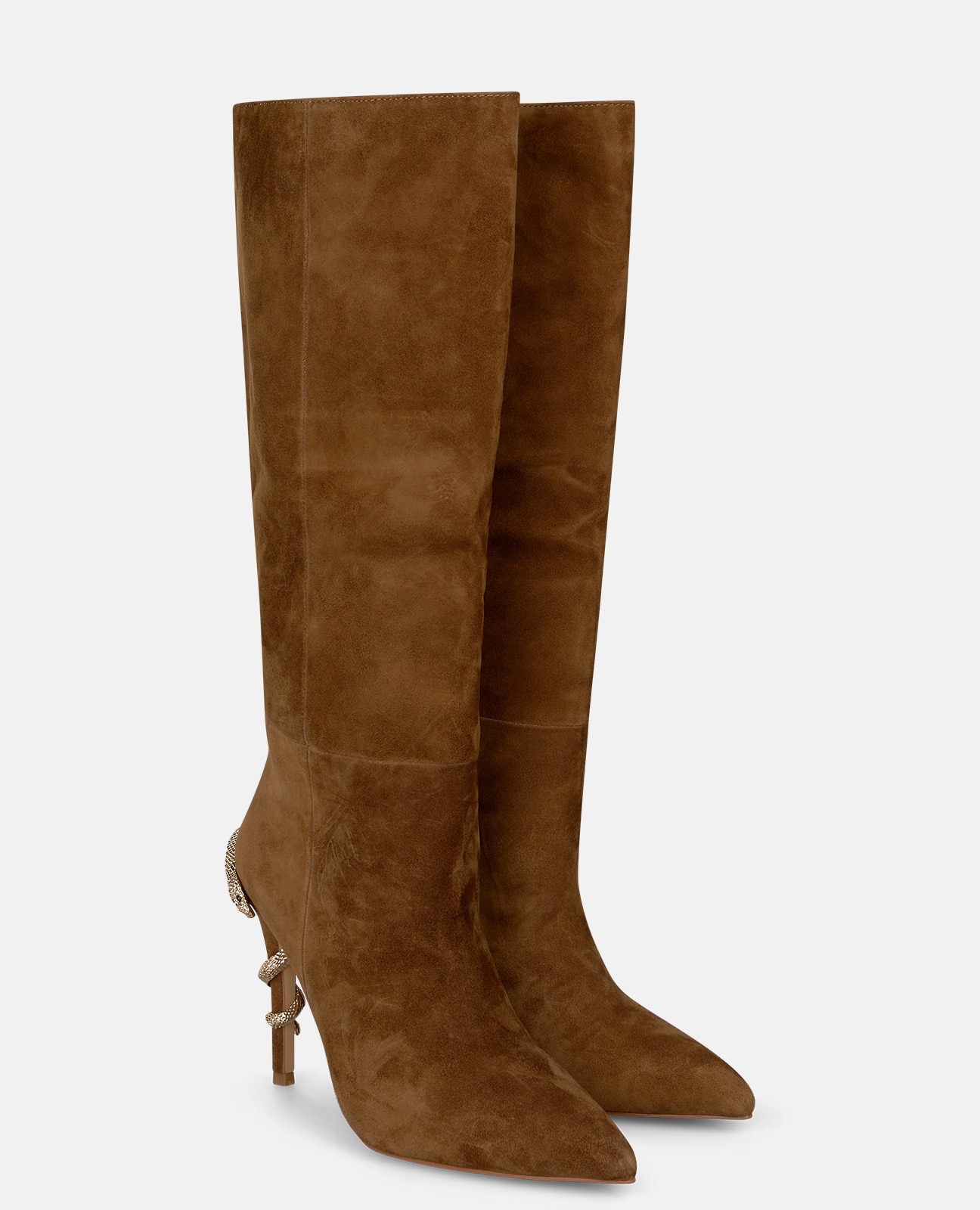 Botas básicas de mujer en ante con serpiente en el tacón - Camel Camel-4