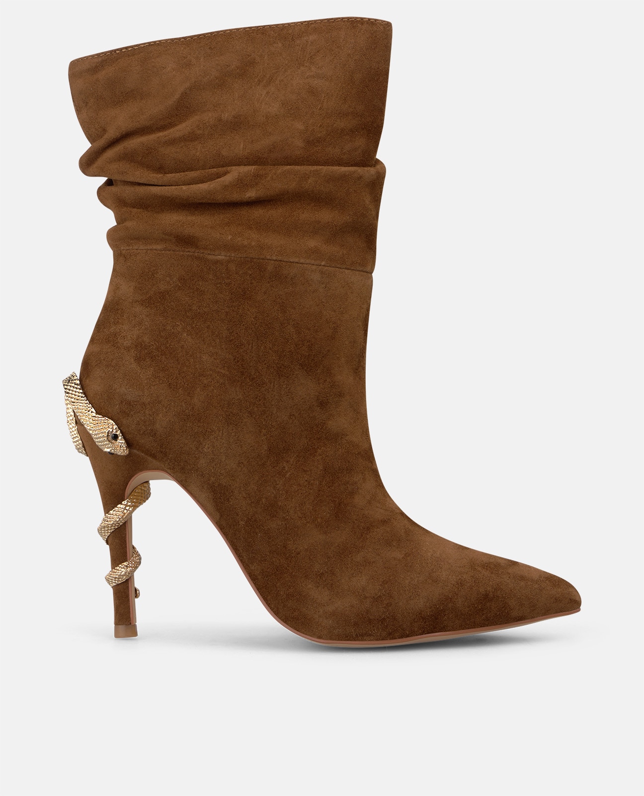 Botines básicos de mujer en ante con serpiente metálica en el tacón - Alma en Pena - Camel Camel-1
