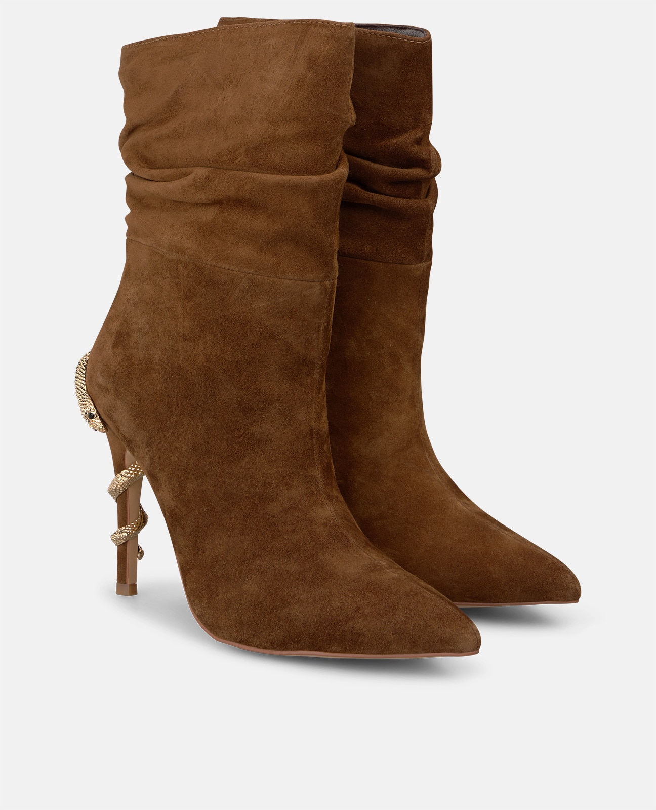 Botines básicos de mujer en ante con serpiente metálica en el tacón - Alma en Pena - Camel Camel-4
