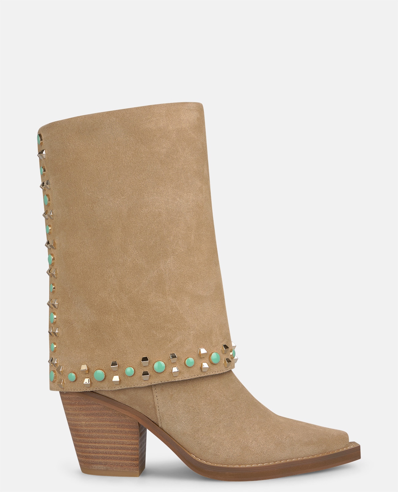 Botines cowboy de mujer en ante con detalles pedrería y tachas metálicas - Arena Arena-1