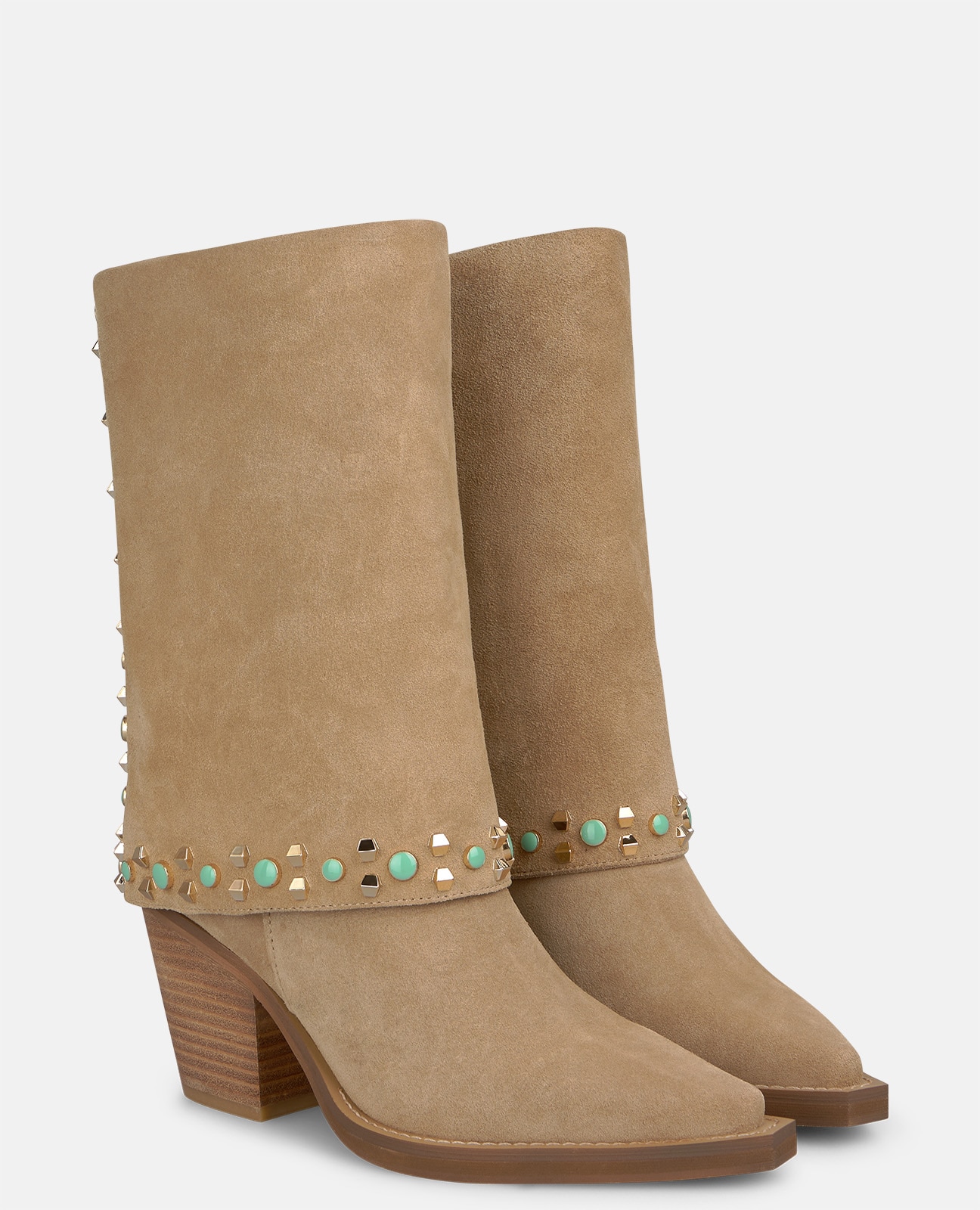Botines cowboy de mujer en ante con detalles pedrería y tachas metálicas - Arena Arena-3