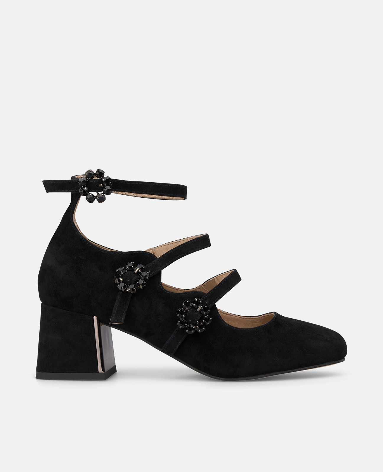 Zapatos de salón de mujer en ante con tres hebillas de flores - Alma en Pena - Negro Negro-1