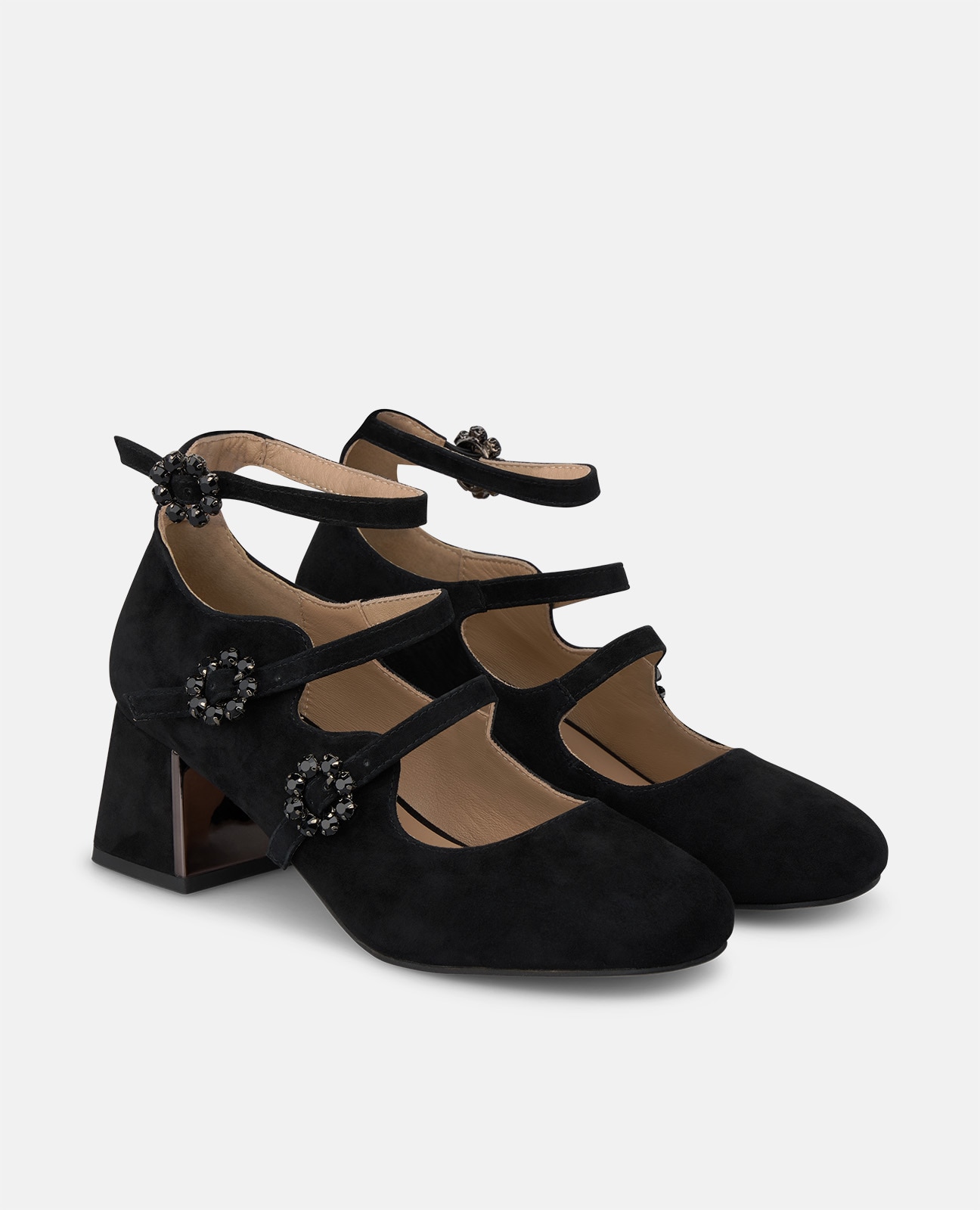 Zapatos de salón de mujer en ante con tres hebillas de flores - Alma en Pena - Negro Negro-3