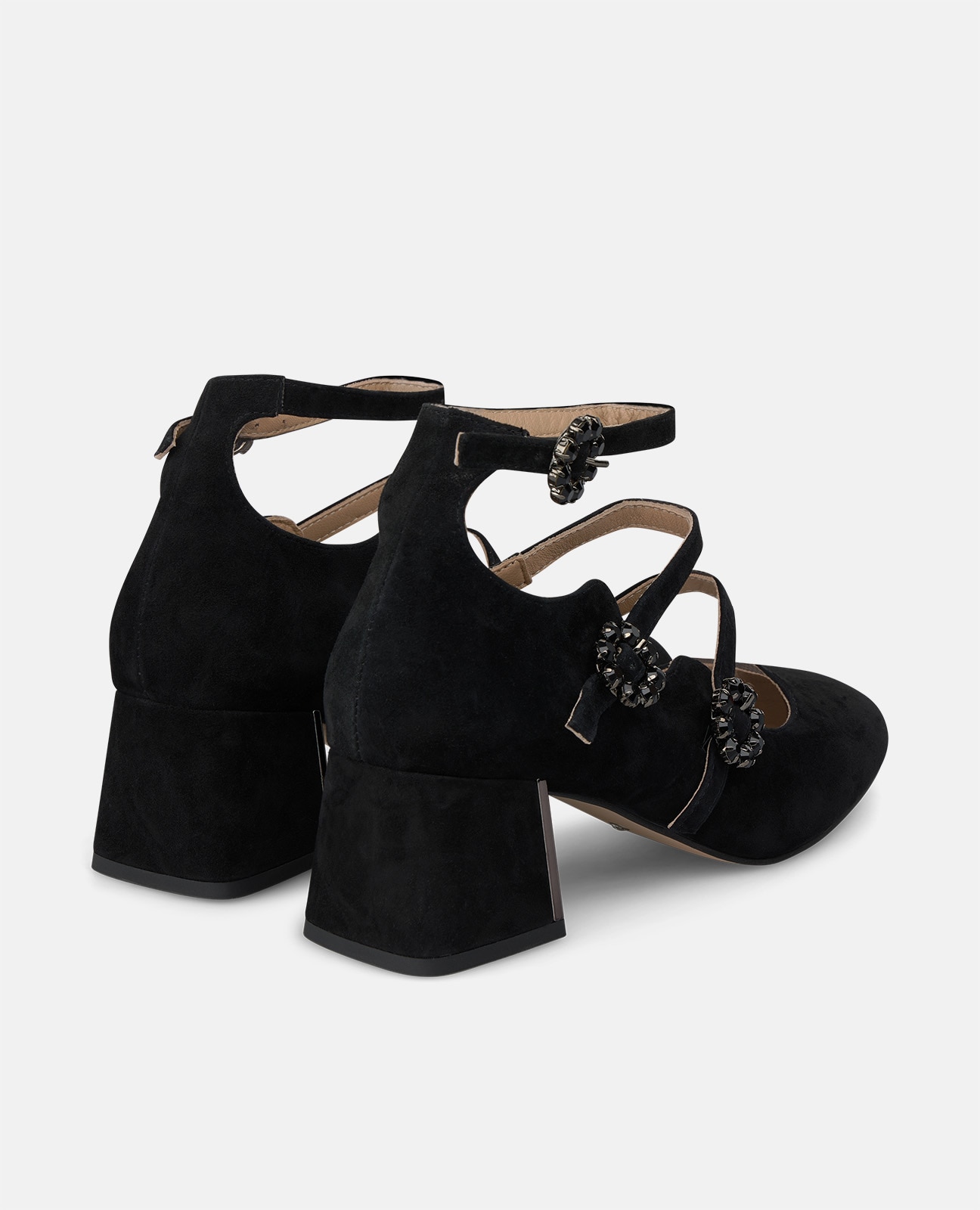 Zapatos de salón de mujer en ante con tres hebillas de flores - Alma en Pena - Negro Negro-2