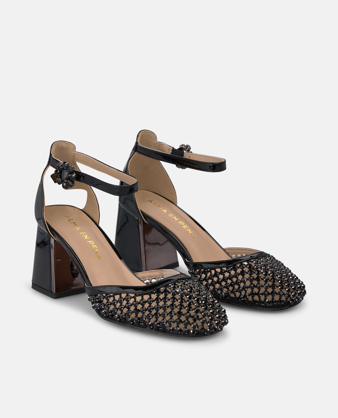 Zapatos de salón de mujer metalizado con tejido de malla en la puntera - Alma en Pena - Negro Negro-3