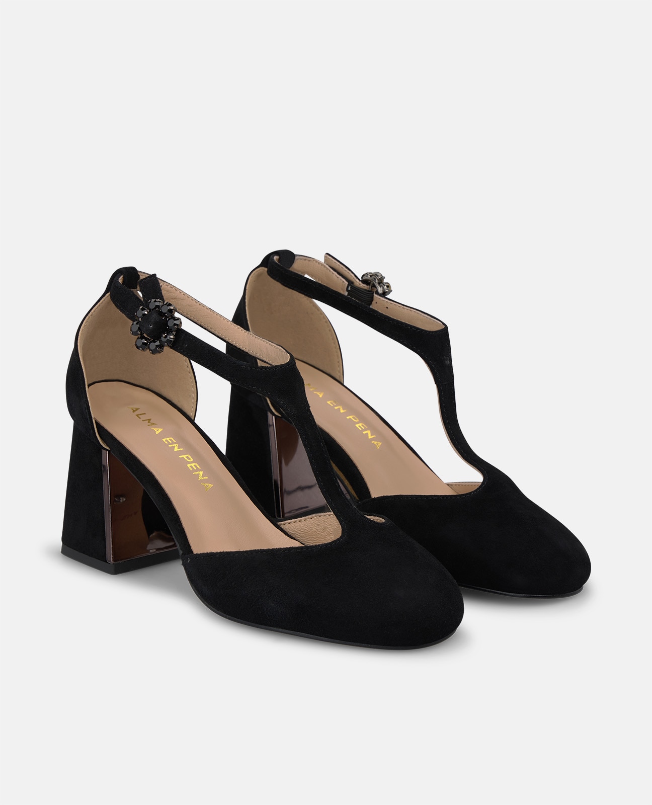 Zapatos de salón de mujer en ante con hebilla de flor - Alma en Pena - Negro Negro-3