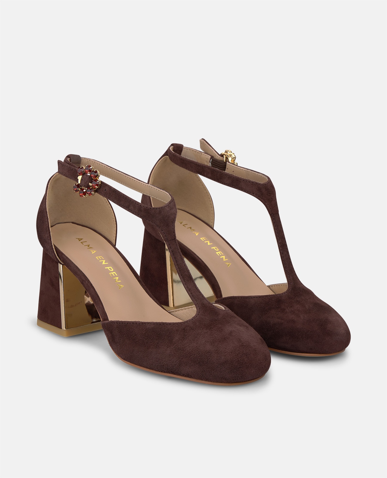 Zapatos de salón de mujer en ante con hebilla de flor - Alma en Pena - Marrón Marrón-3