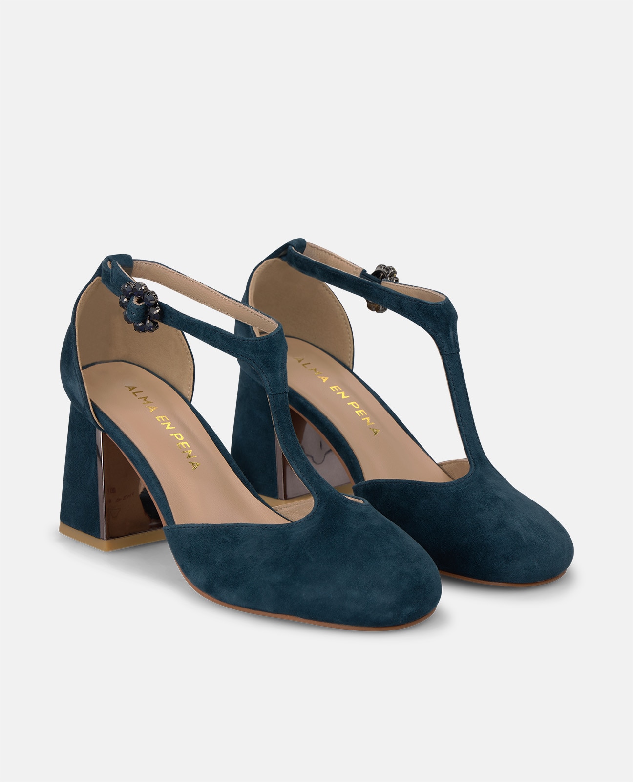 Zapatos de salón de mujer en ante con hebilla de flor - Alma en Pena - Azul marino Azul marino-3