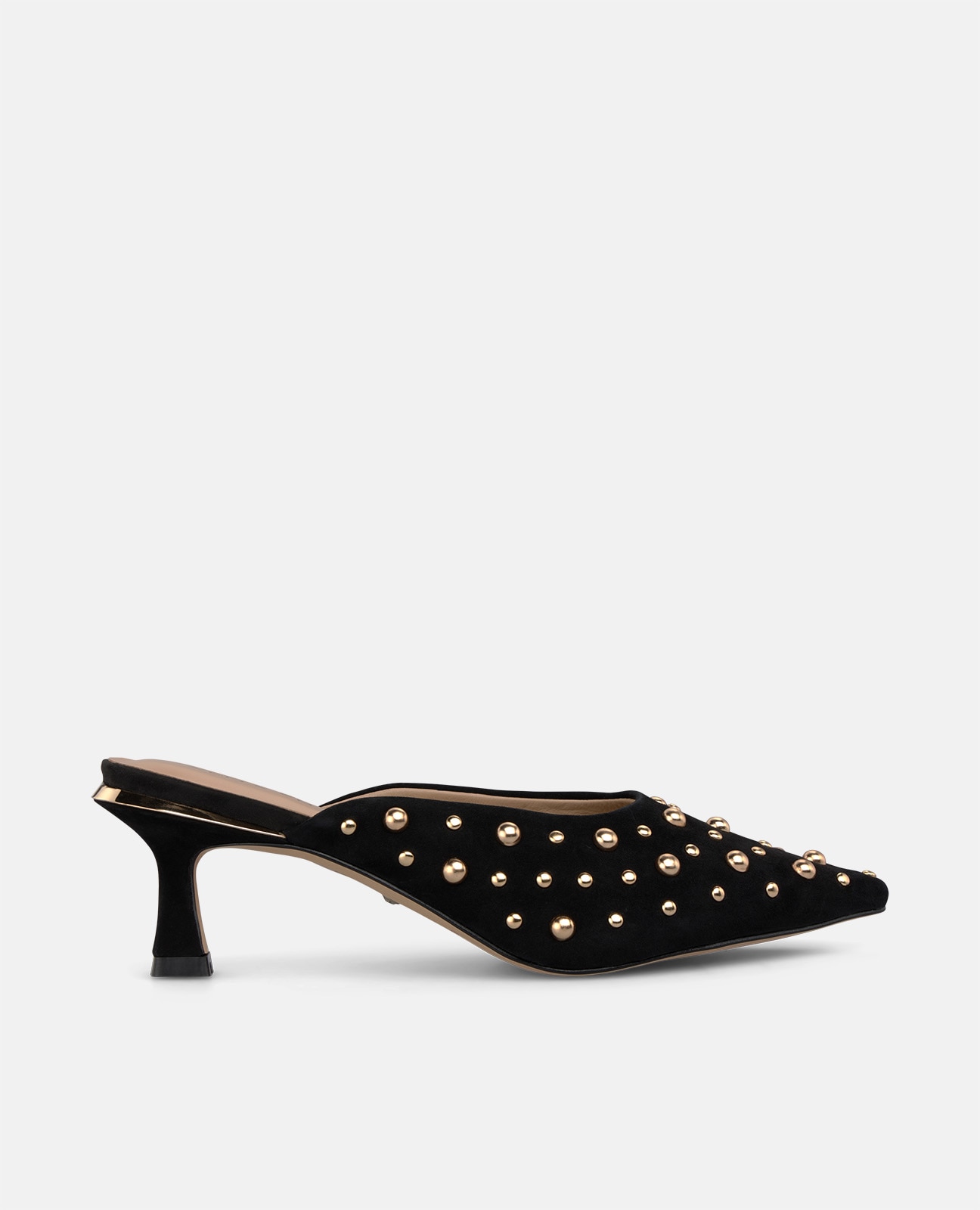 Mules con tacón de mujer en ante con tachas metálicas - Negro Negro-1